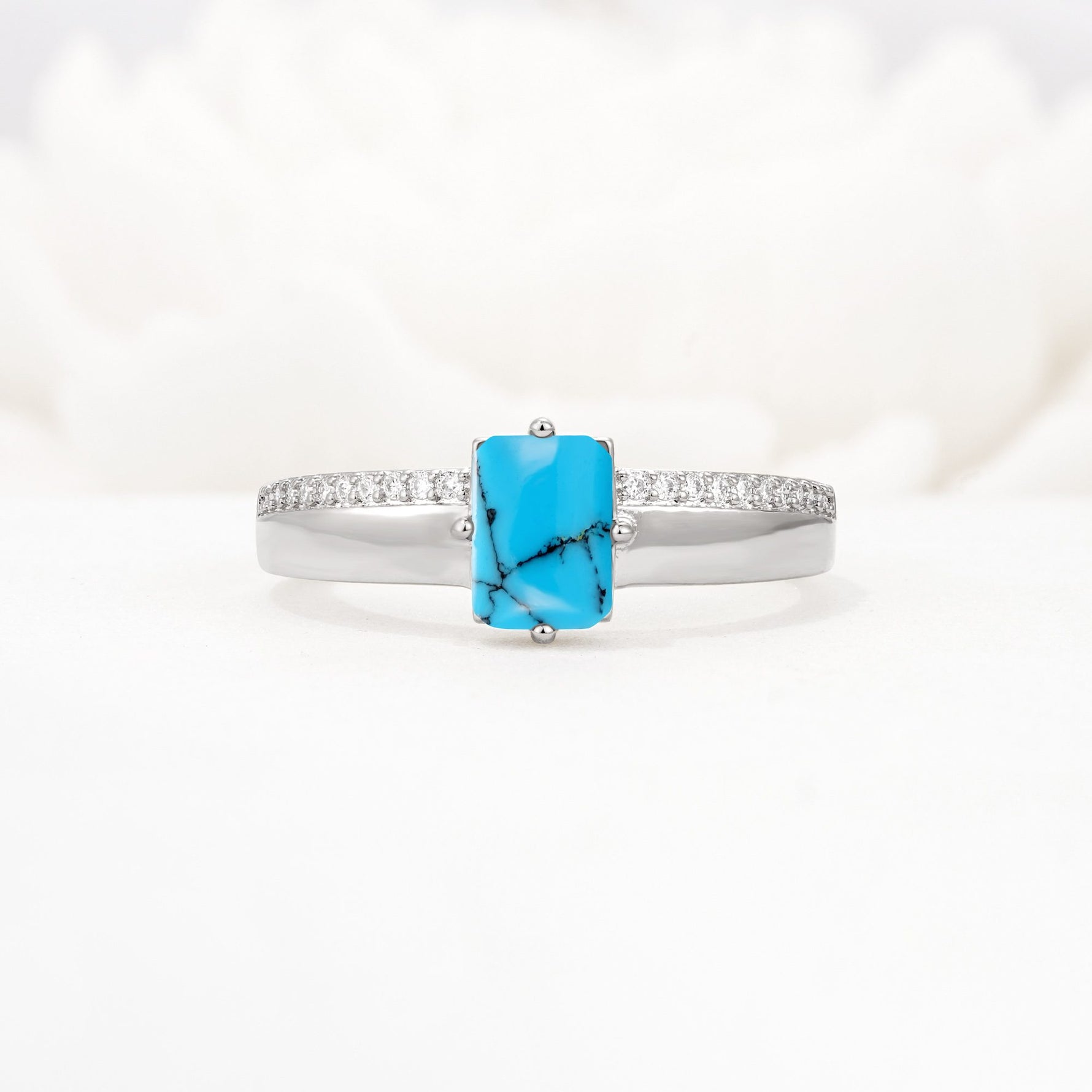 Emerald Cut Turquoise Tapered Pavé Solitaire Engagement Ring - Additional view
