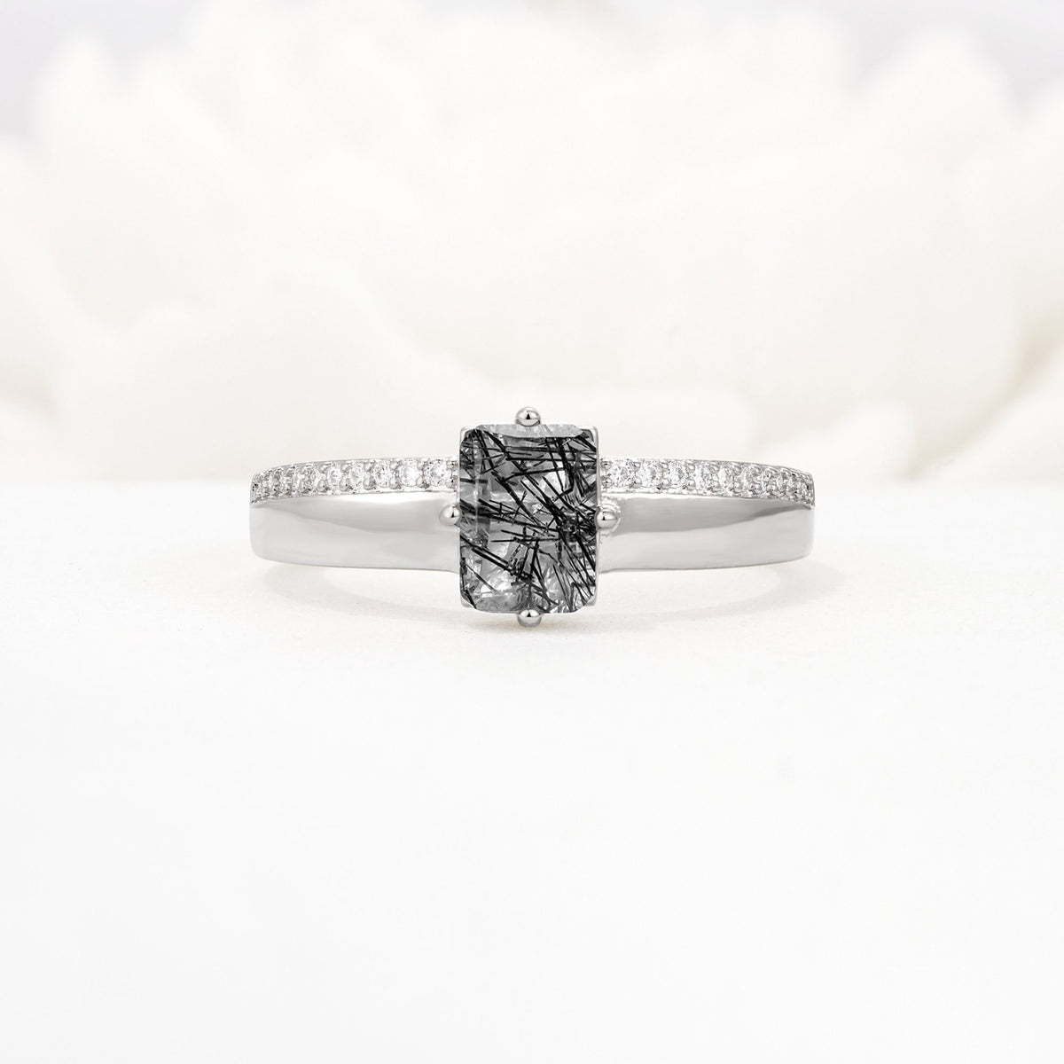 Emerald Cut Black Rutilated Quartz Tapered Pavé Solitaire Engagement Ring - Additional view