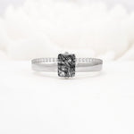Emerald Cut Black Rutilated Quartz Tapered Pavé Solitaire Engagement Ring - Additional view