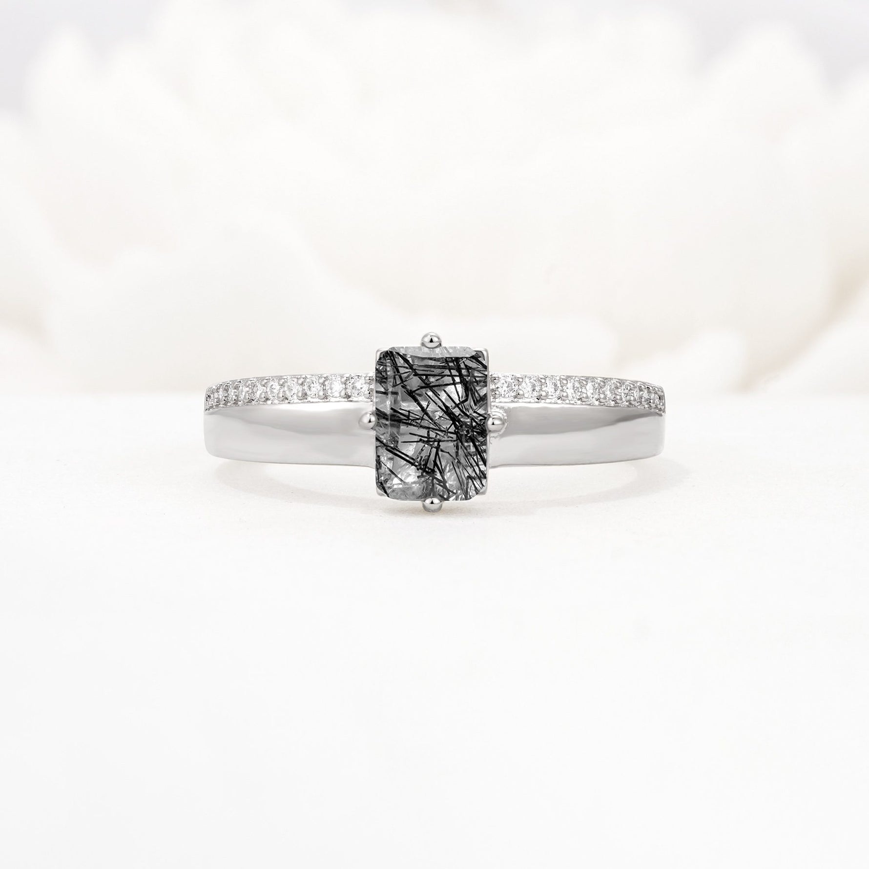 Emerald Cut Black Rutilated Quartz Tapered Pavé Solitaire Engagement Ring - Additional view