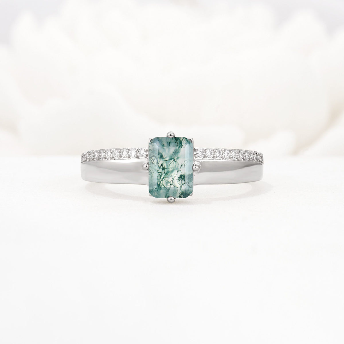 Emerald Cut Moss Agate Tapered Pavé Solitaire Engagement Ring - Additional view