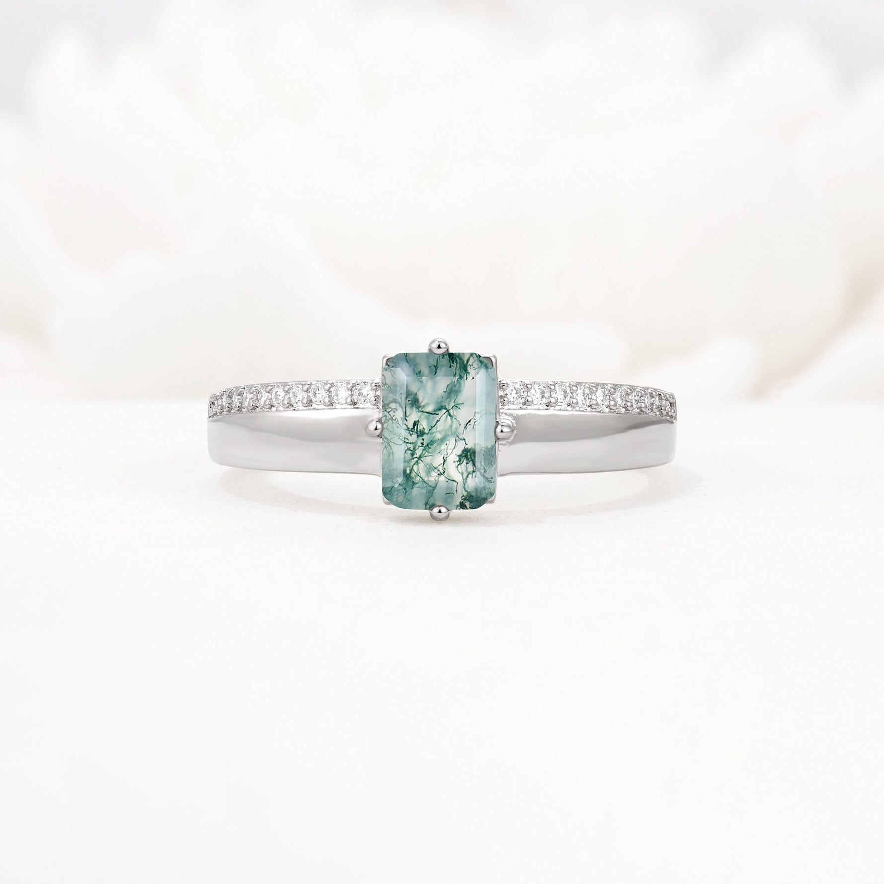 Emerald Cut Moss Agate Tapered Pavé Solitaire Engagement Ring - Additional view