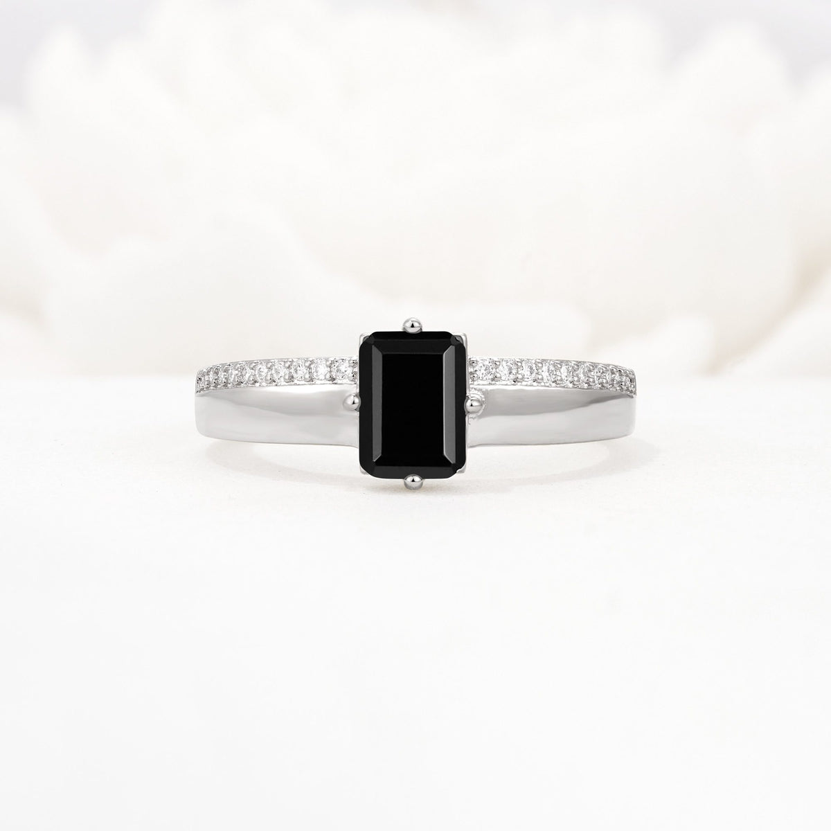 Emerald Cut Black Onyx Tapered Pavé Solitaire Engagement Ring - Additional view