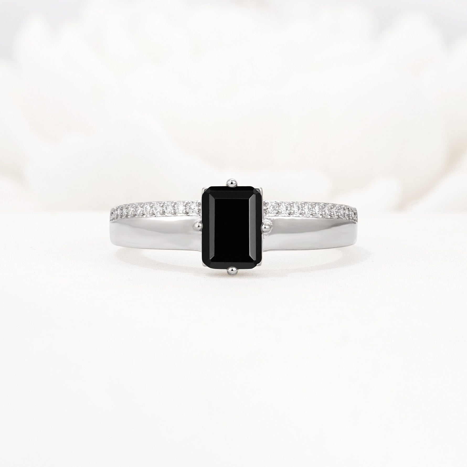Emerald Cut Black Onyx Tapered Pavé Solitaire Engagement Ring - Additional view