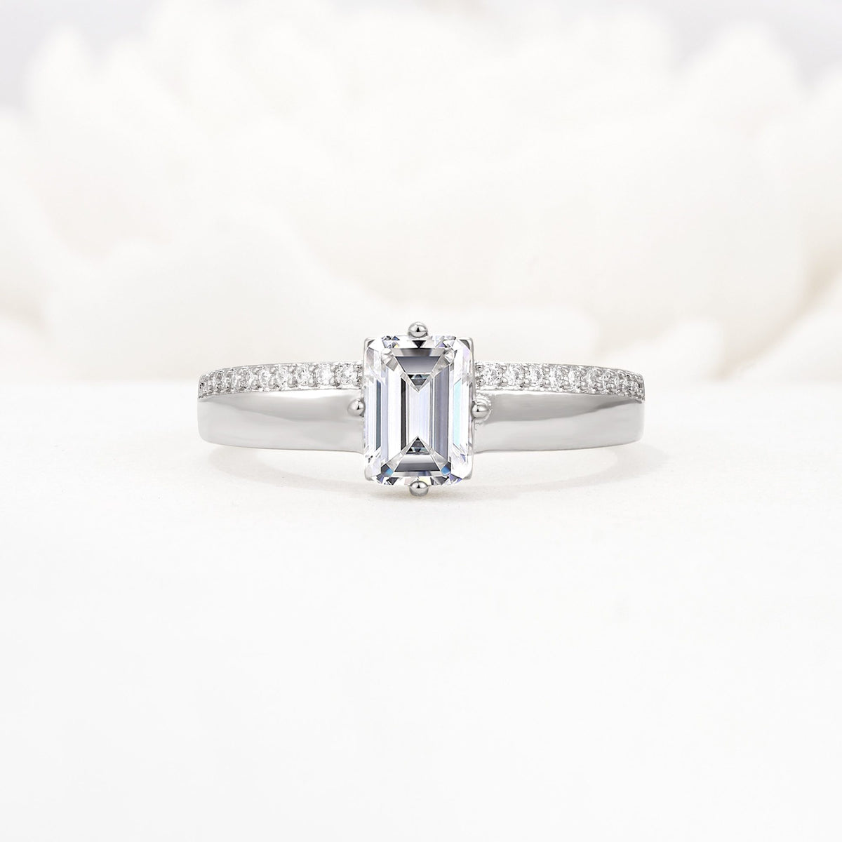 Emerald Cut Lab Diamond Tapered Pavé Solitaire Engagement Ring - Additional view