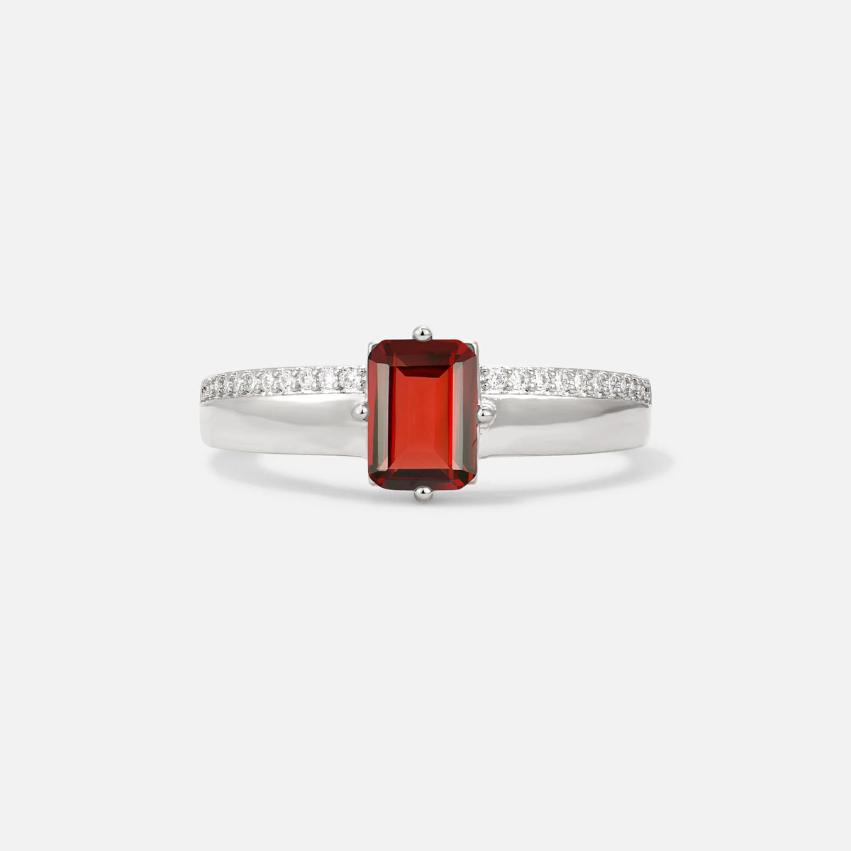 Emerald Cut Garnet Tapered Pavé Solitaire Engagement Ring - Additional view