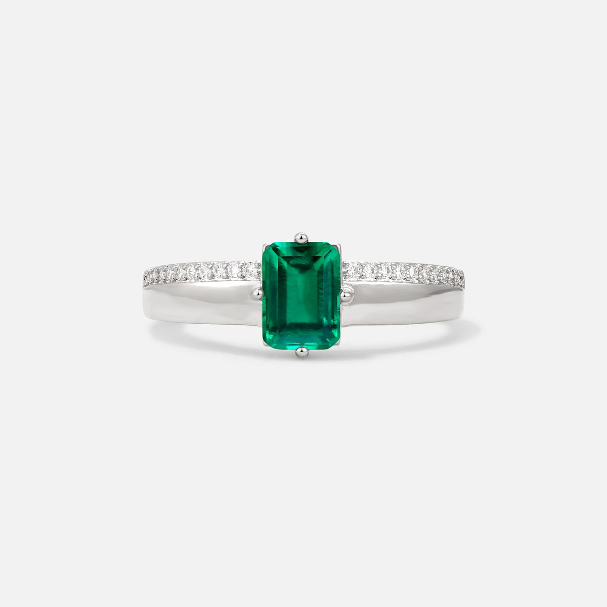 Emerald Cut Emerald Tapered Pavé Solitaire Engagement Ring - Additional view