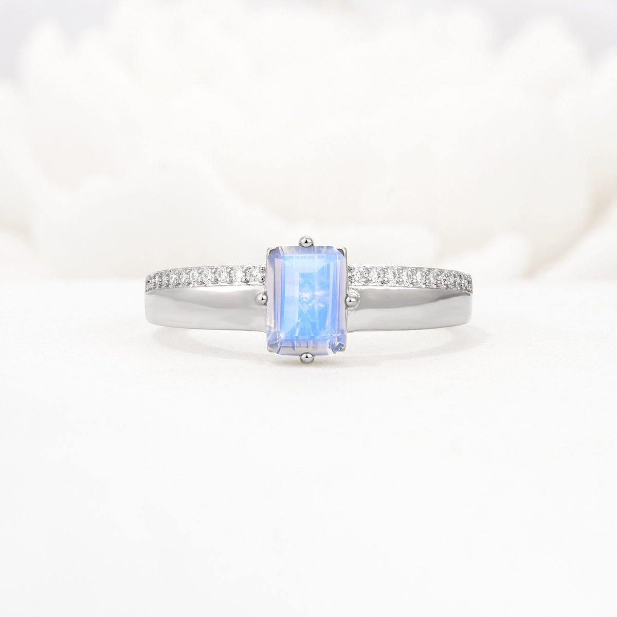 Emerald Cut Moonstone Tapered Pavé Solitaire Engagement Ring - Additional view