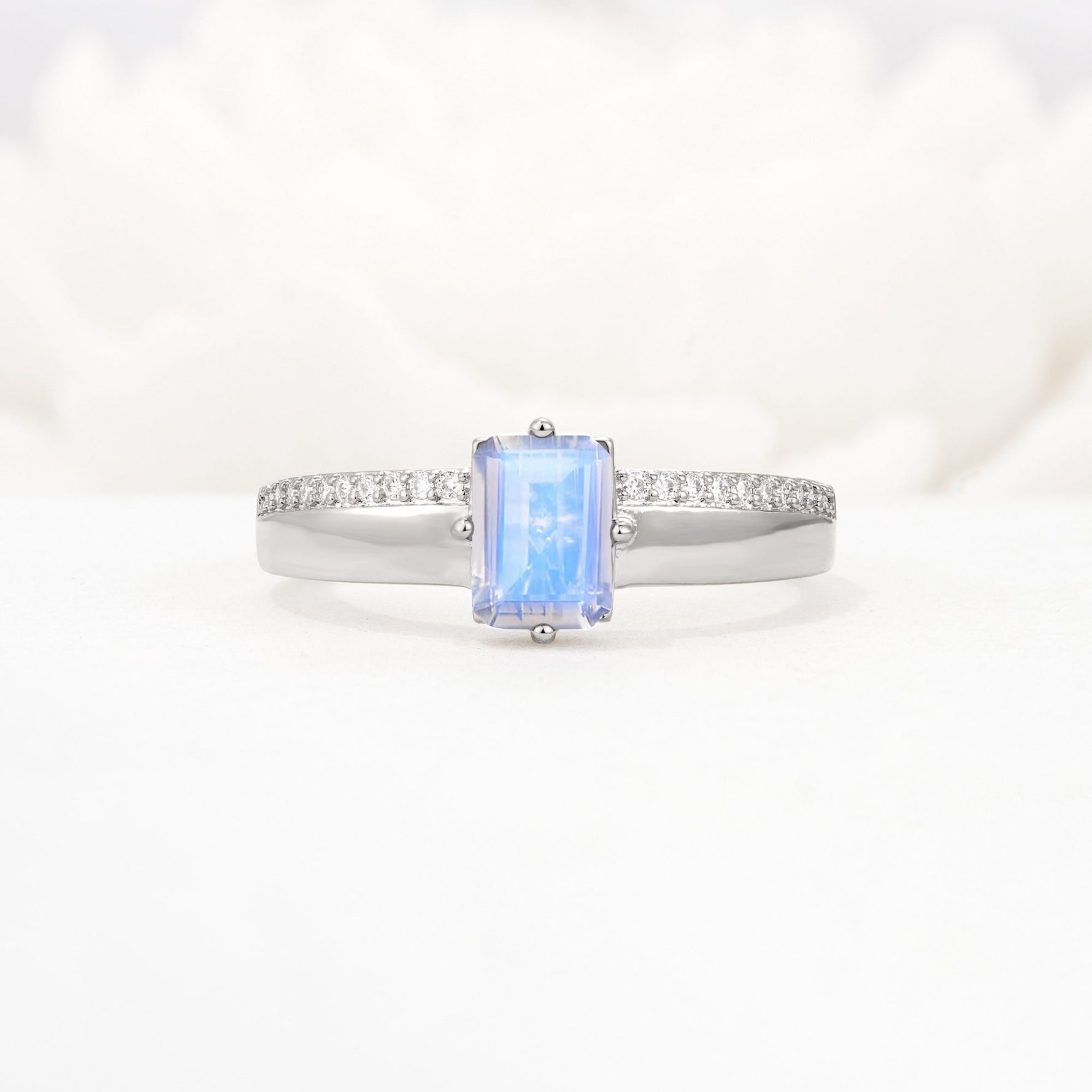 Emerald Cut Moonstone Tapered Pavé Solitaire Engagement Ring - Additional view