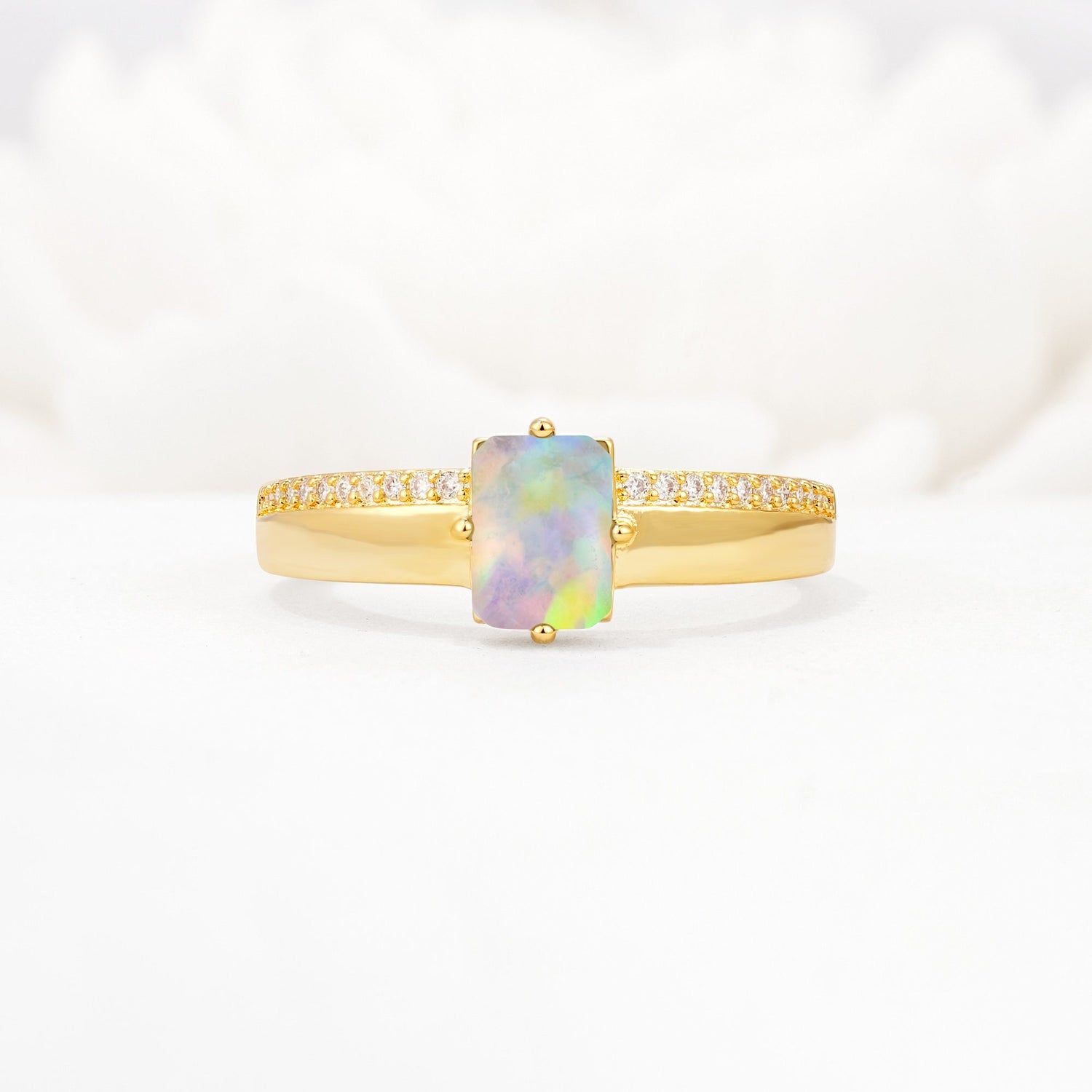 Emerald Cut Fire Opal Tapered Pavé Solitaire Engagement Ring - Additional view