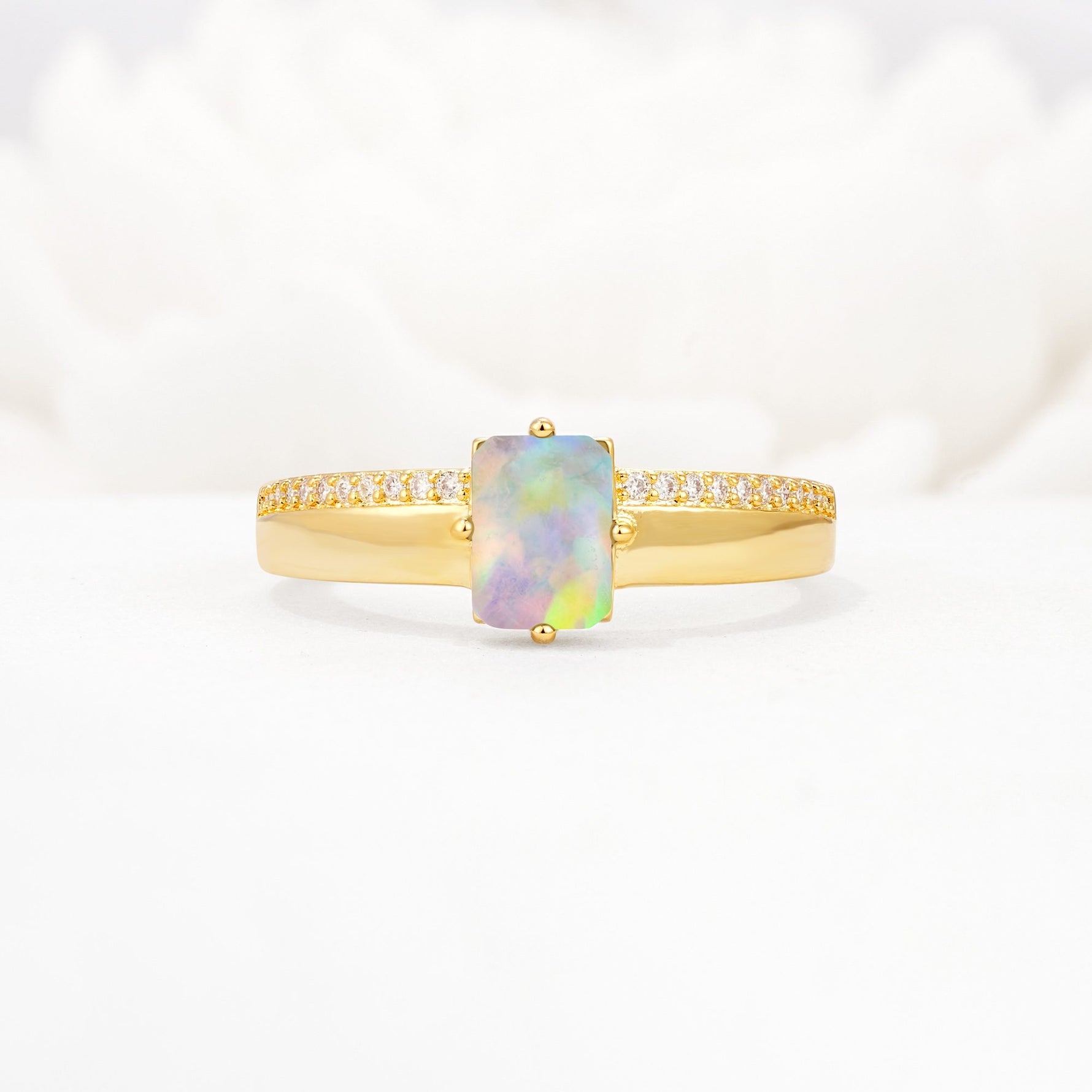 Emerald Cut Fire Opal Tapered Pavé Solitaire Engagement Ring - Additional view