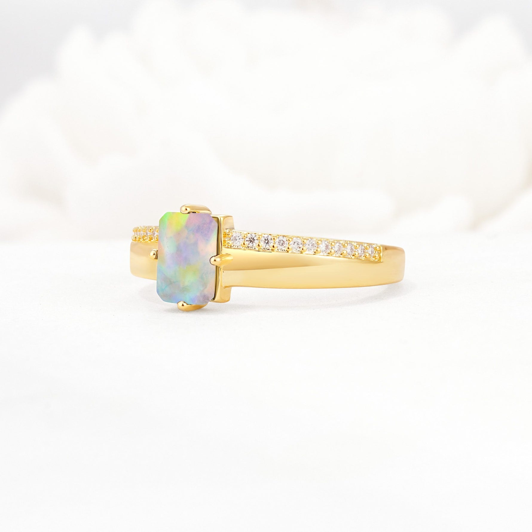 Emerald Cut Fire Opal Tapered Pavé Solitaire Engagement Ring - Additional view