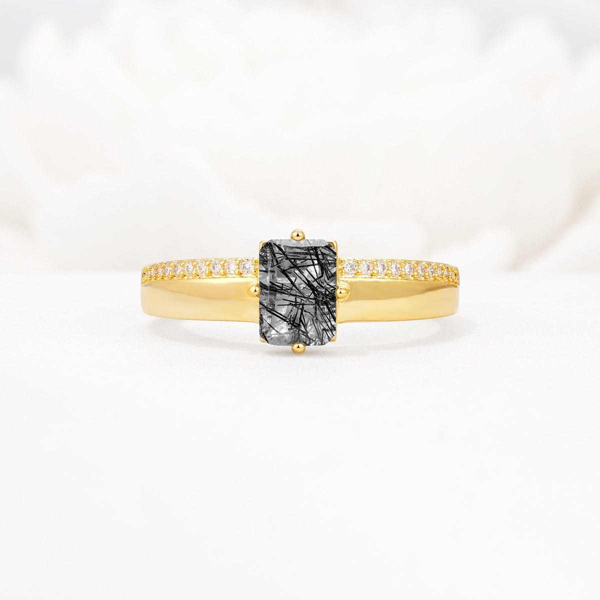 Emerald Cut Black Rutilated Quartz Tapered Pavé Solitaire Engagement Ring - Additional view