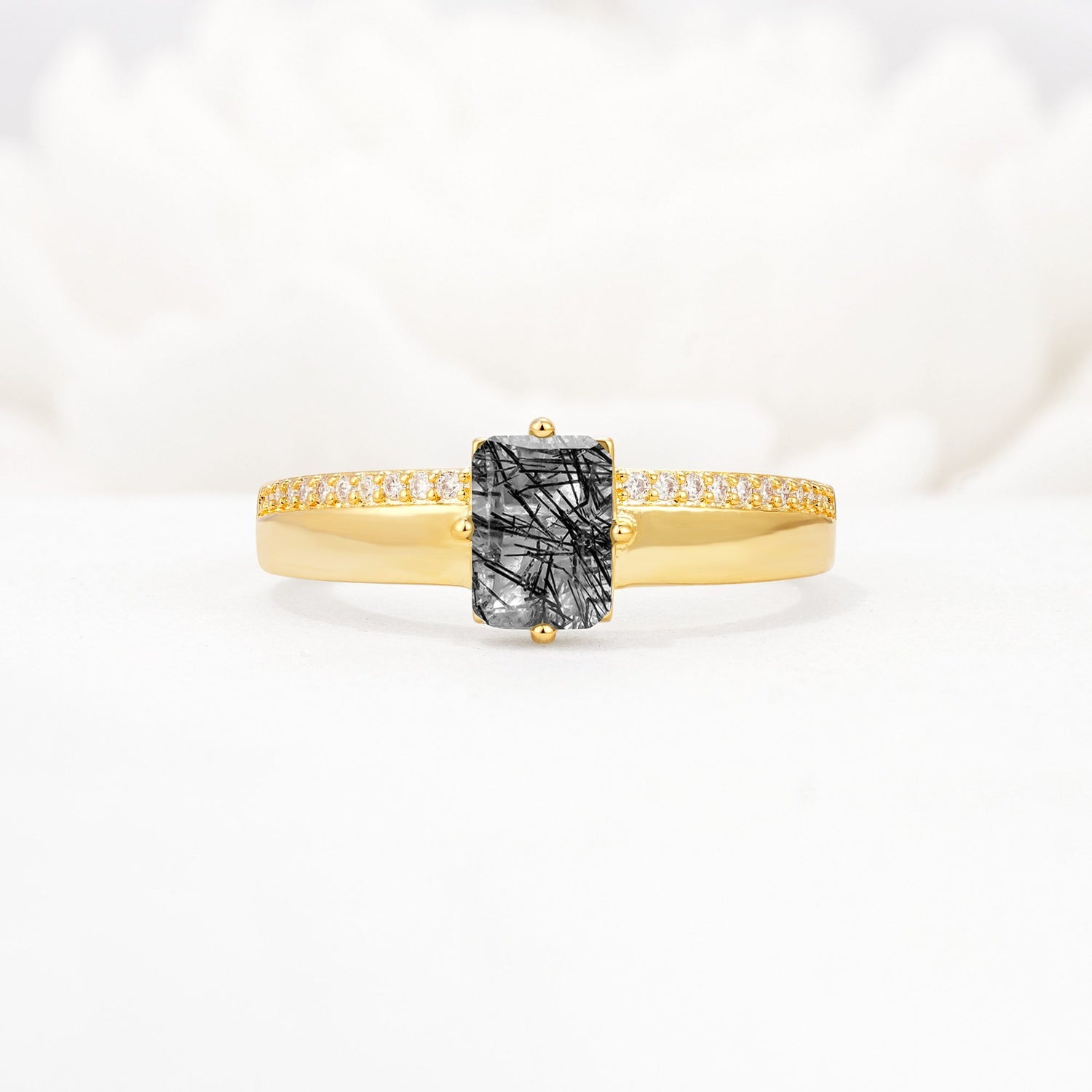 Emerald Cut Black Rutilated Quartz Tapered Pavé Solitaire Engagement Ring - Additional view