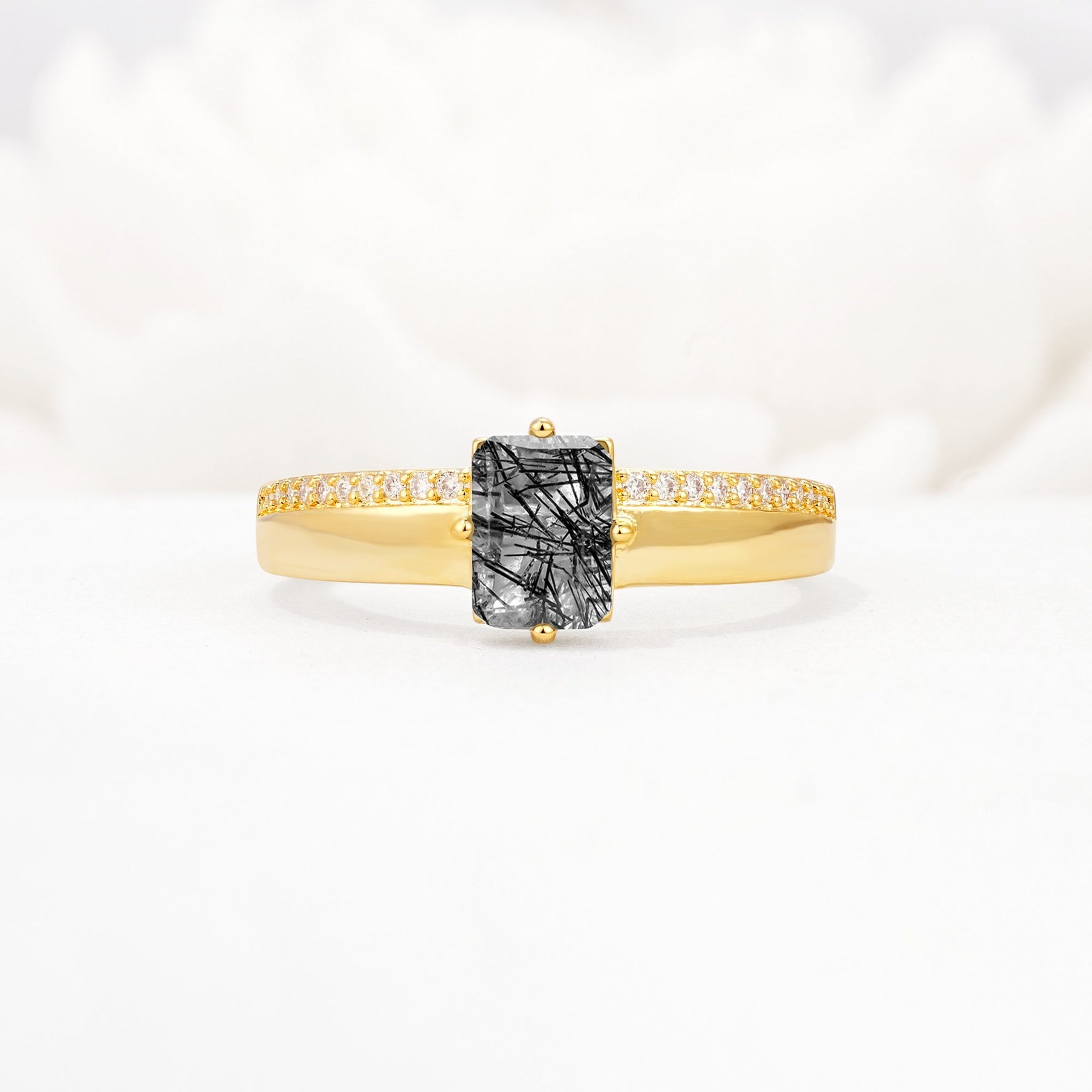 Emerald Cut Black Rutilated Quartz Tapered Pavé Solitaire Engagement Ring - Additional view