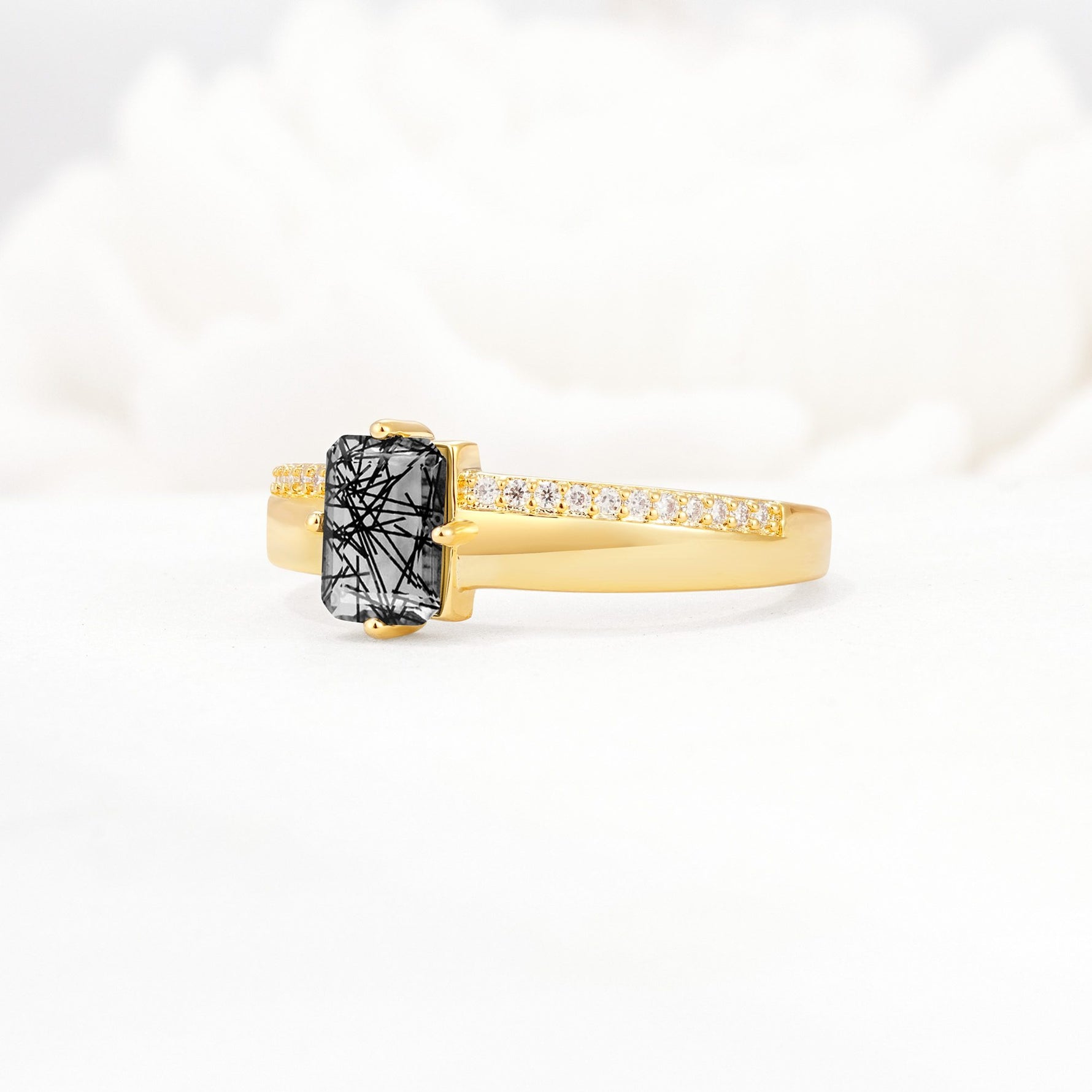 Emerald Cut Black Rutilated Quartz Tapered Pavé Solitaire Engagement Ring - Additional view