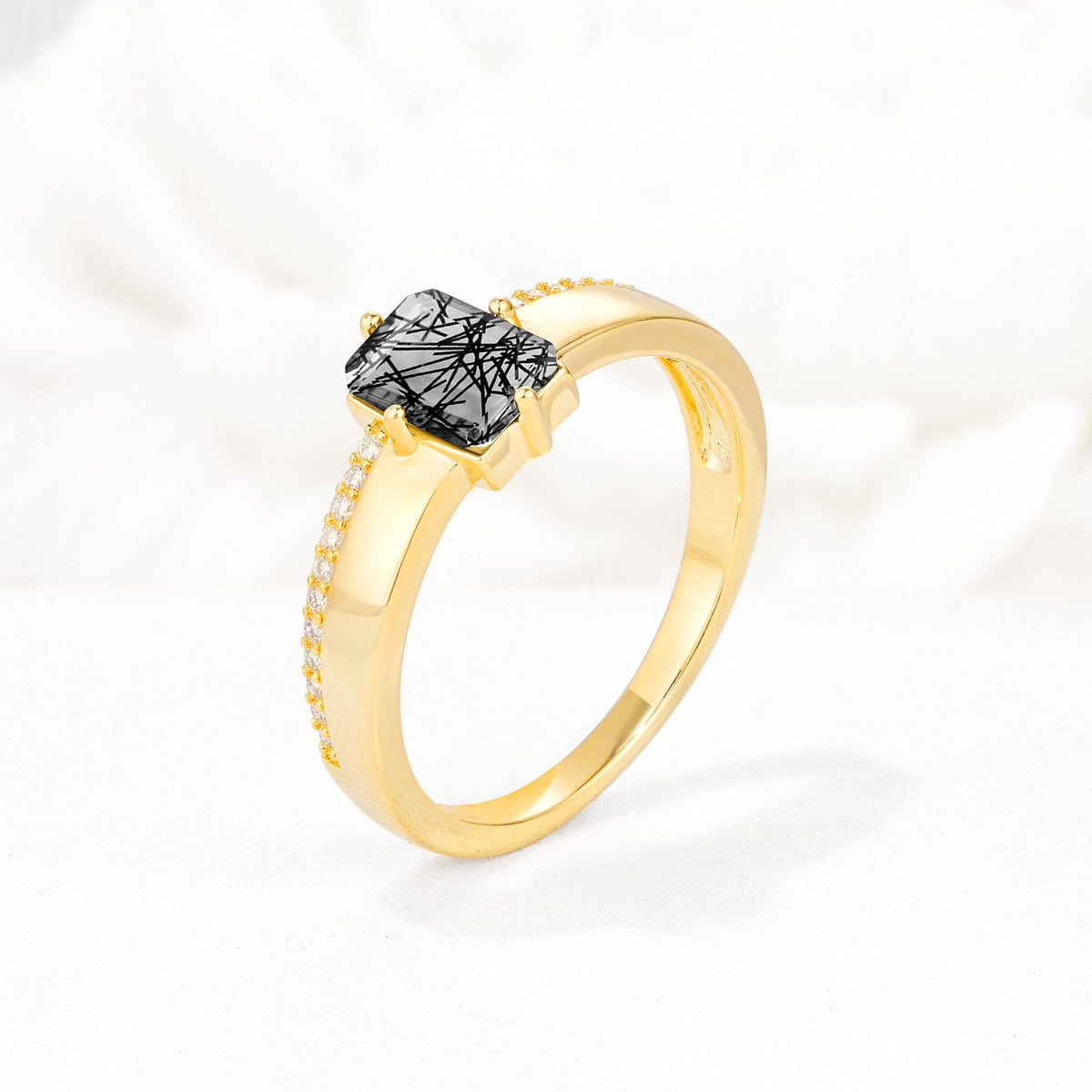 Emerald Cut Black Rutilated Quartz Tapered Pavé Solitaire Engagement Ring - Additional view