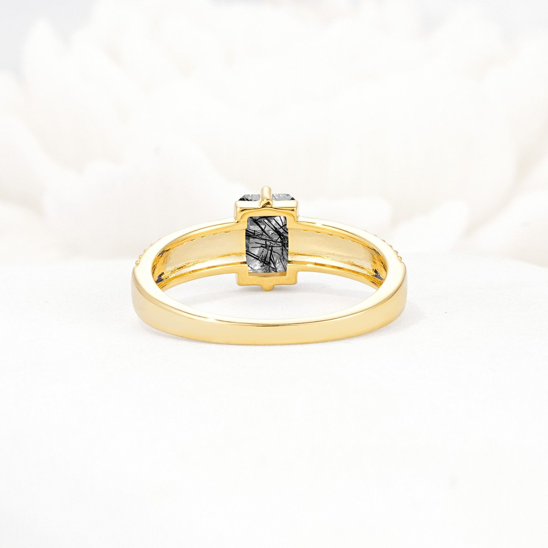 Emerald Cut Black Rutilated Quartz Tapered Pavé Solitaire Engagement Ring - Additional view