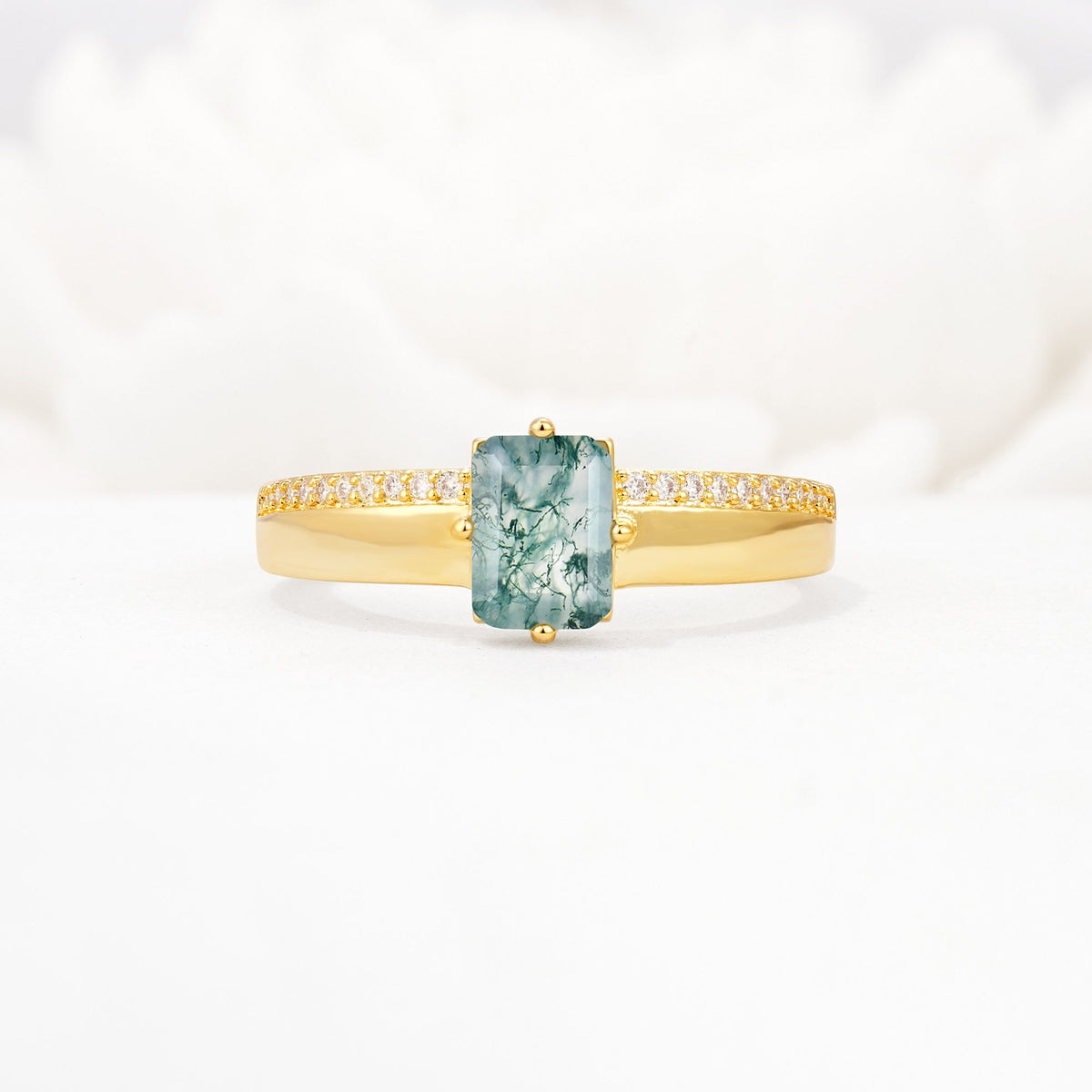 Emerald Cut Moss Agate Tapered Pavé Solitaire Engagement Ring - Additional view