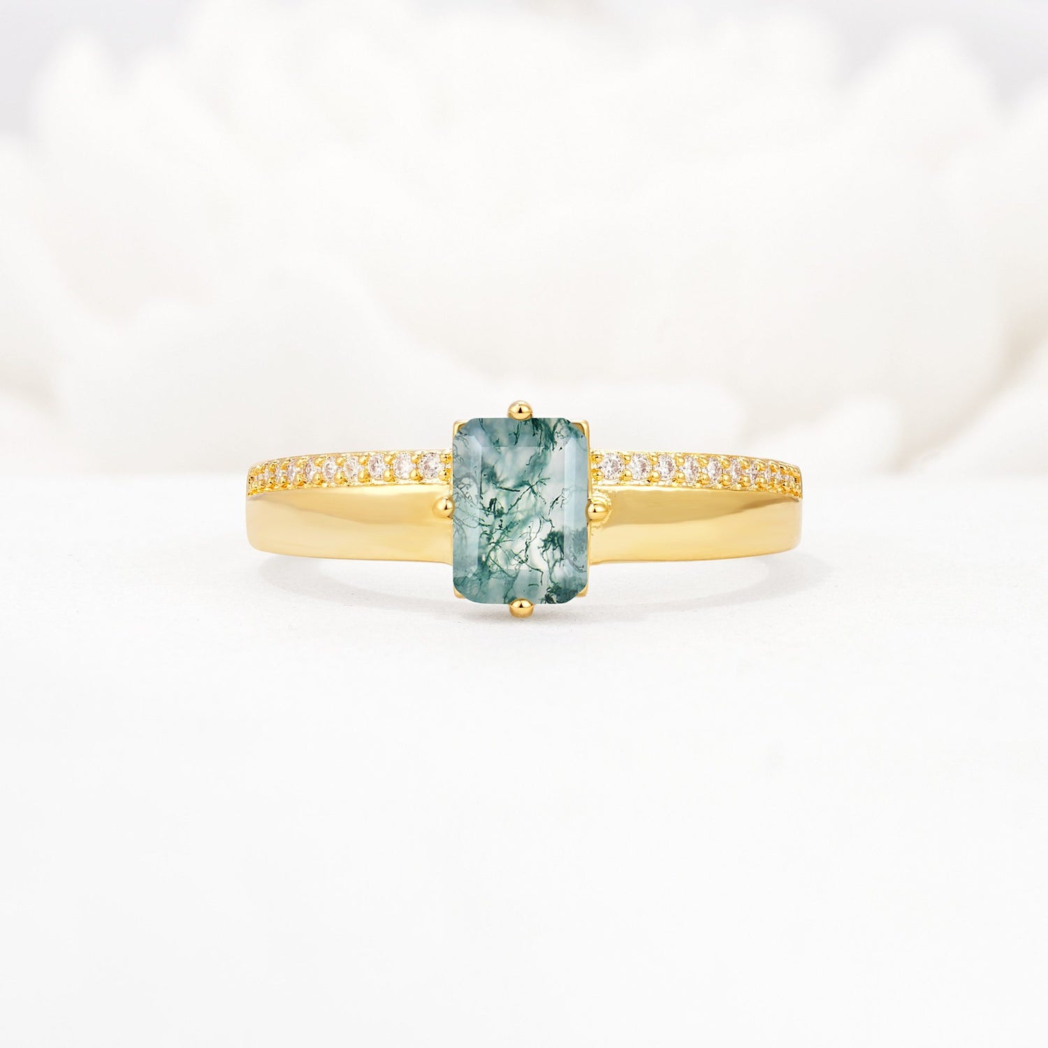 Emerald Cut Moss Agate Tapered Pavé Solitaire Engagement Ring - Additional view