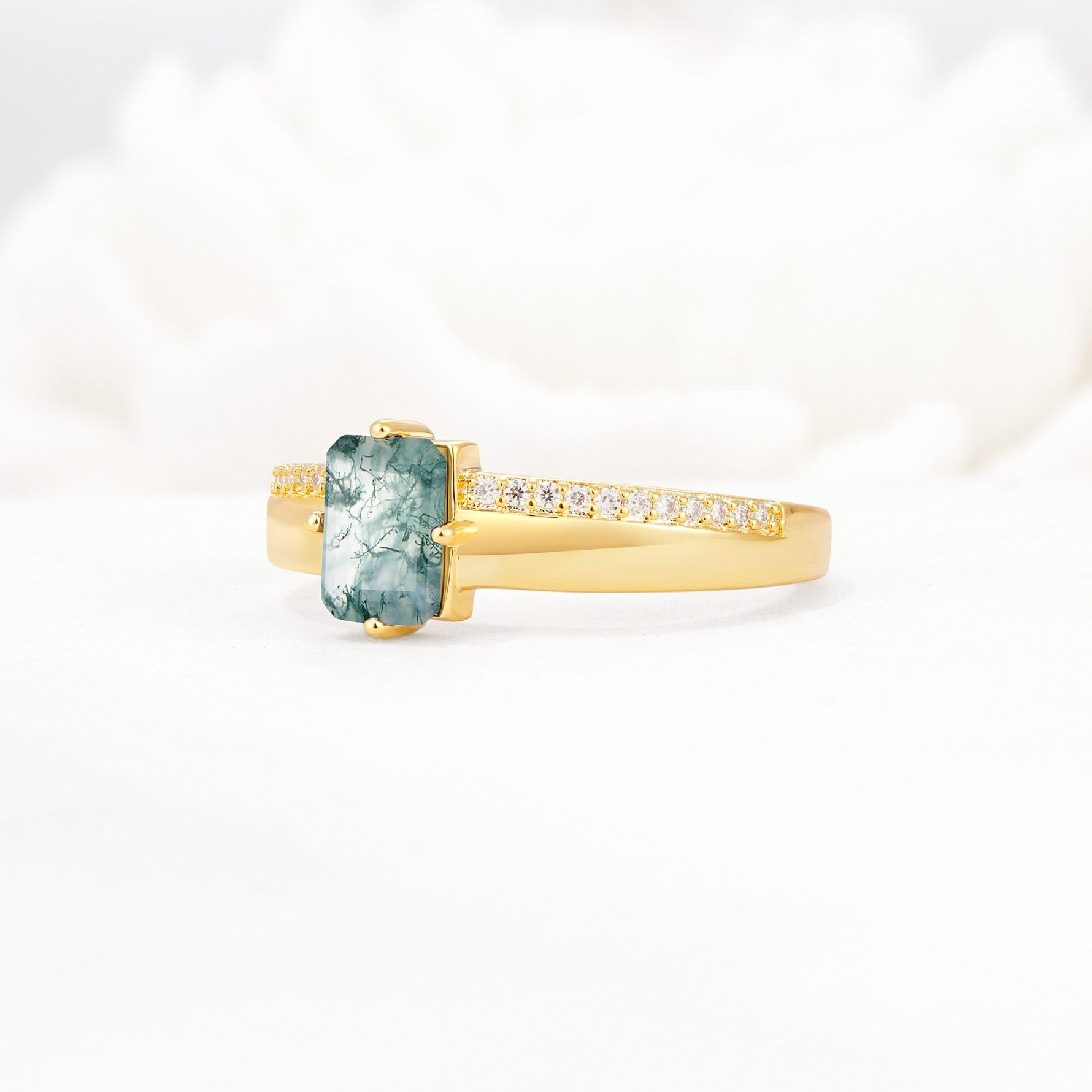 Emerald Cut Moss Agate Tapered Pavé Solitaire Engagement Ring - Additional view