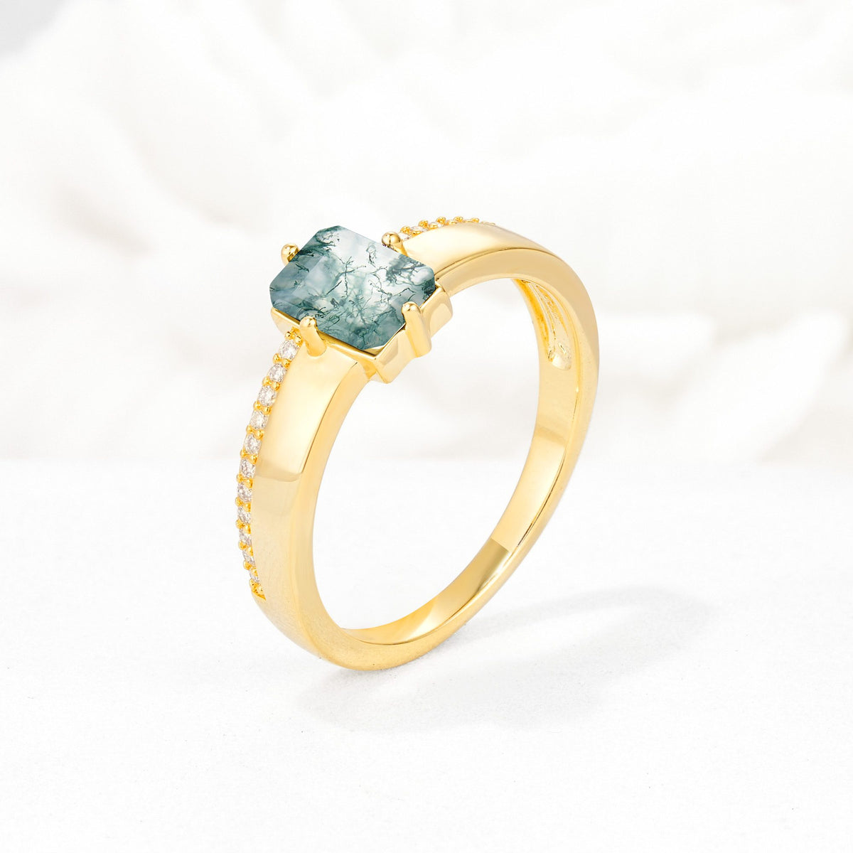 Emerald Cut Moss Agate Tapered Pavé Solitaire Engagement Ring - Additional view