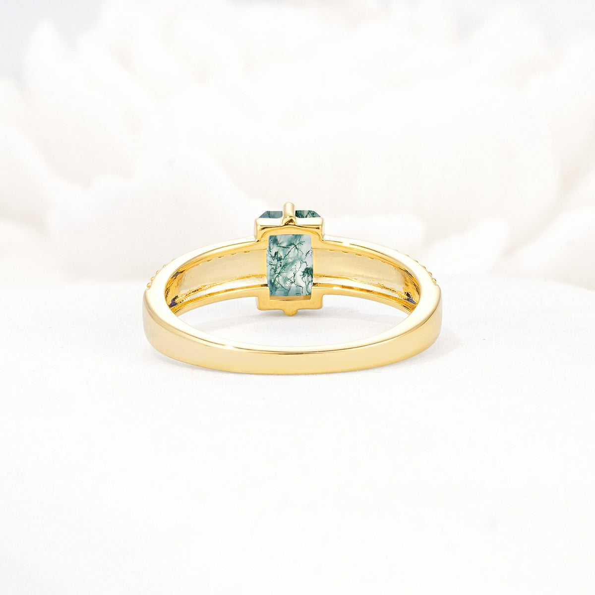 Emerald Cut Moss Agate Tapered Pavé Solitaire Engagement Ring - Additional view