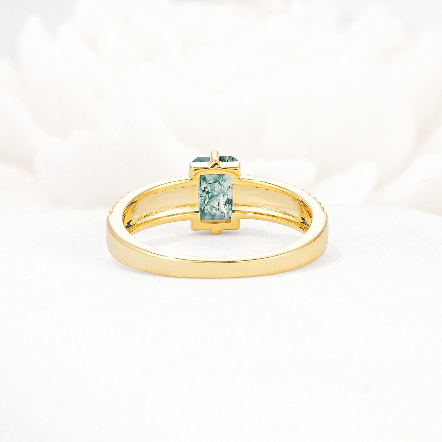 Emerald Cut Moss Agate Tapered Pavé Solitaire Engagement Ring - Additional view