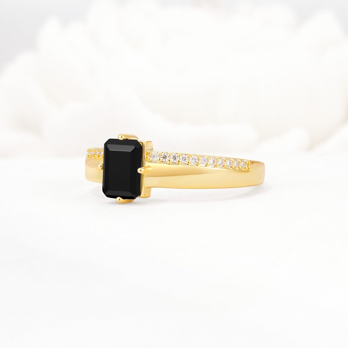 Emerald Cut Black Onyx Tapered Pavé Solitaire Engagement Ring - Additional view