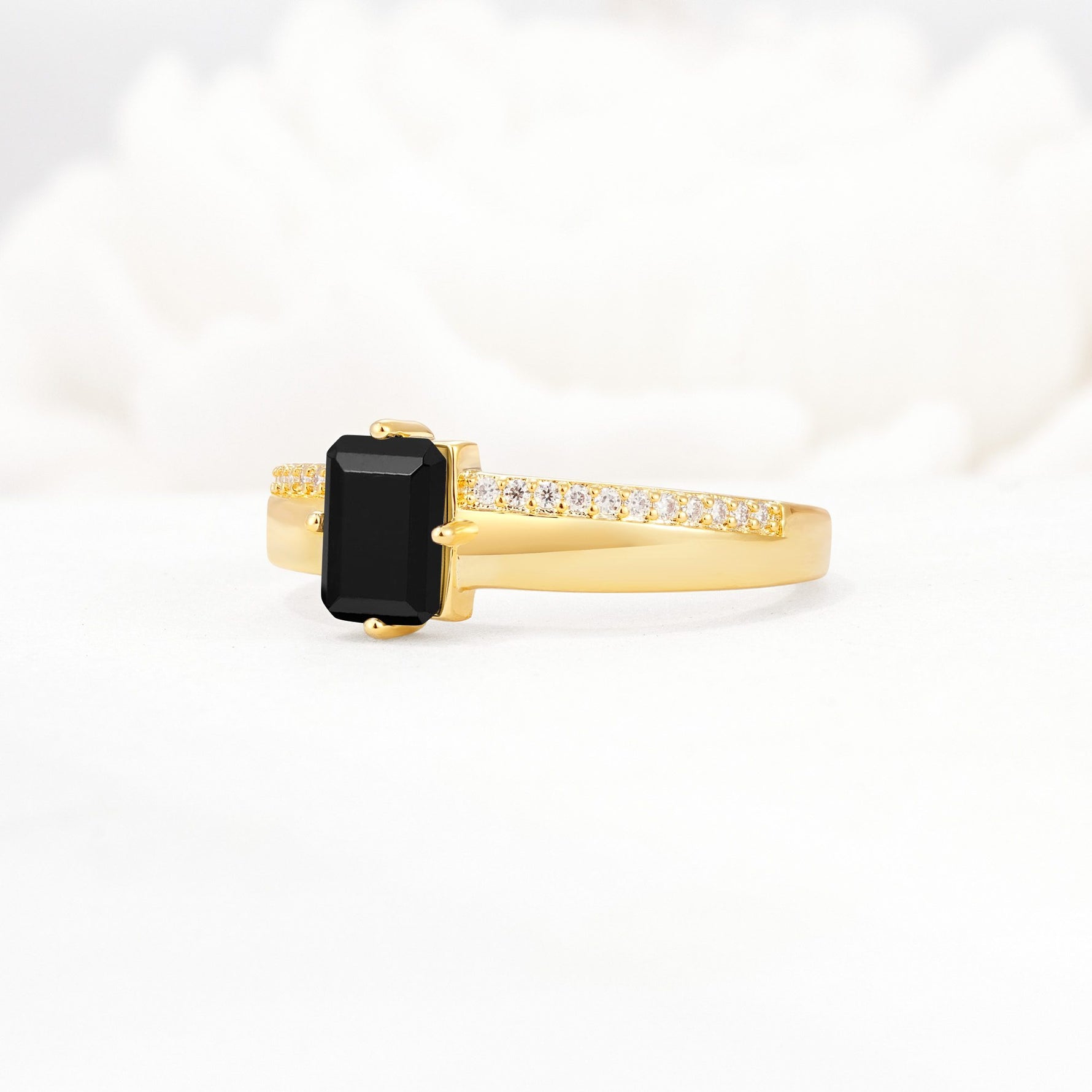 Emerald Cut Black Onyx Tapered Pavé Solitaire Engagement Ring - Additional view