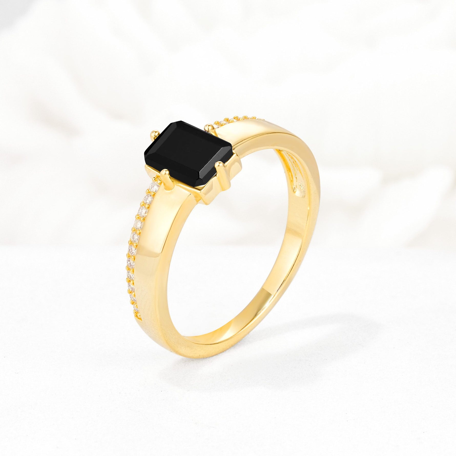 Emerald Cut Black Onyx Tapered Pavé Solitaire Engagement Ring - Additional view