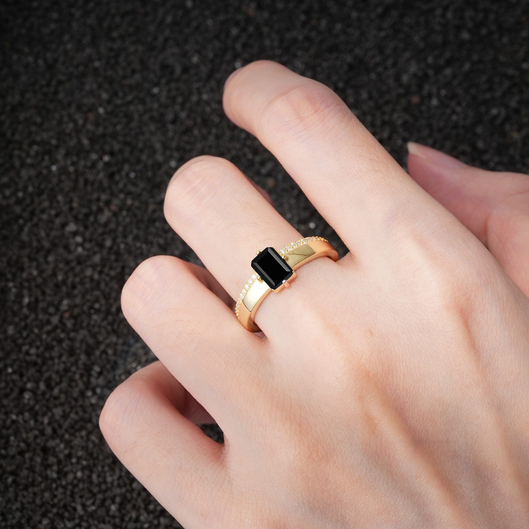Emerald Cut Black Onyx Tapered Pavé Solitaire Engagement Ring - Additional view
