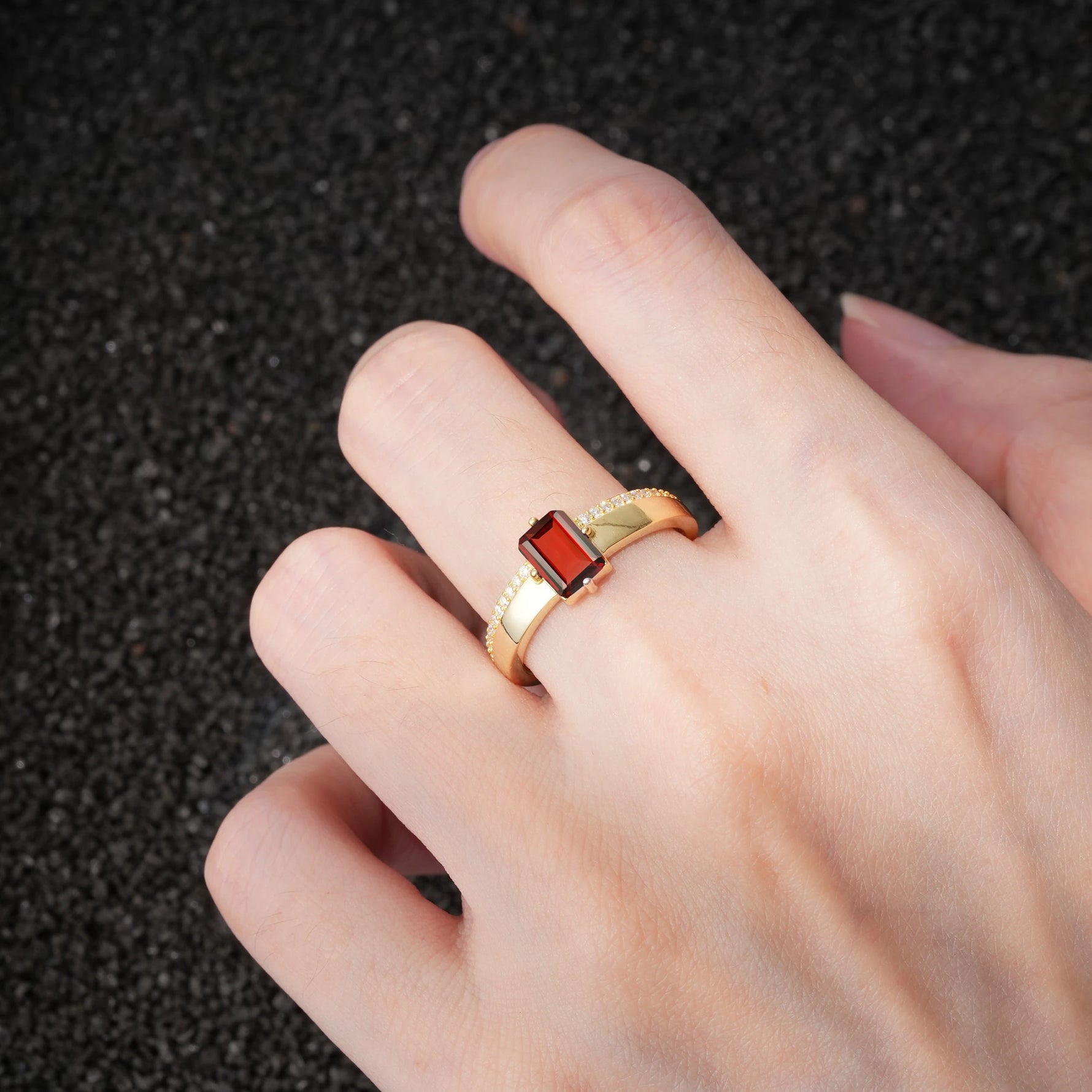 Emerald Cut Garnet Tapered Pavé Solitaire Engagement Ring - Additional view