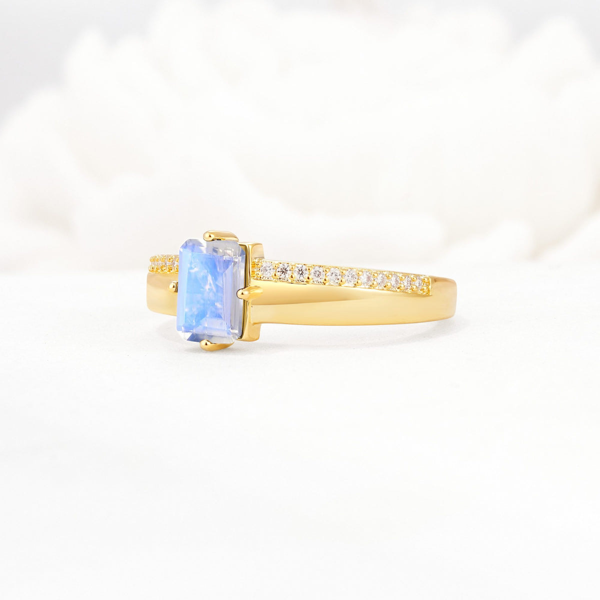 Emerald Cut Moonstone Tapered Pavé Solitaire Engagement Ring - Additional view