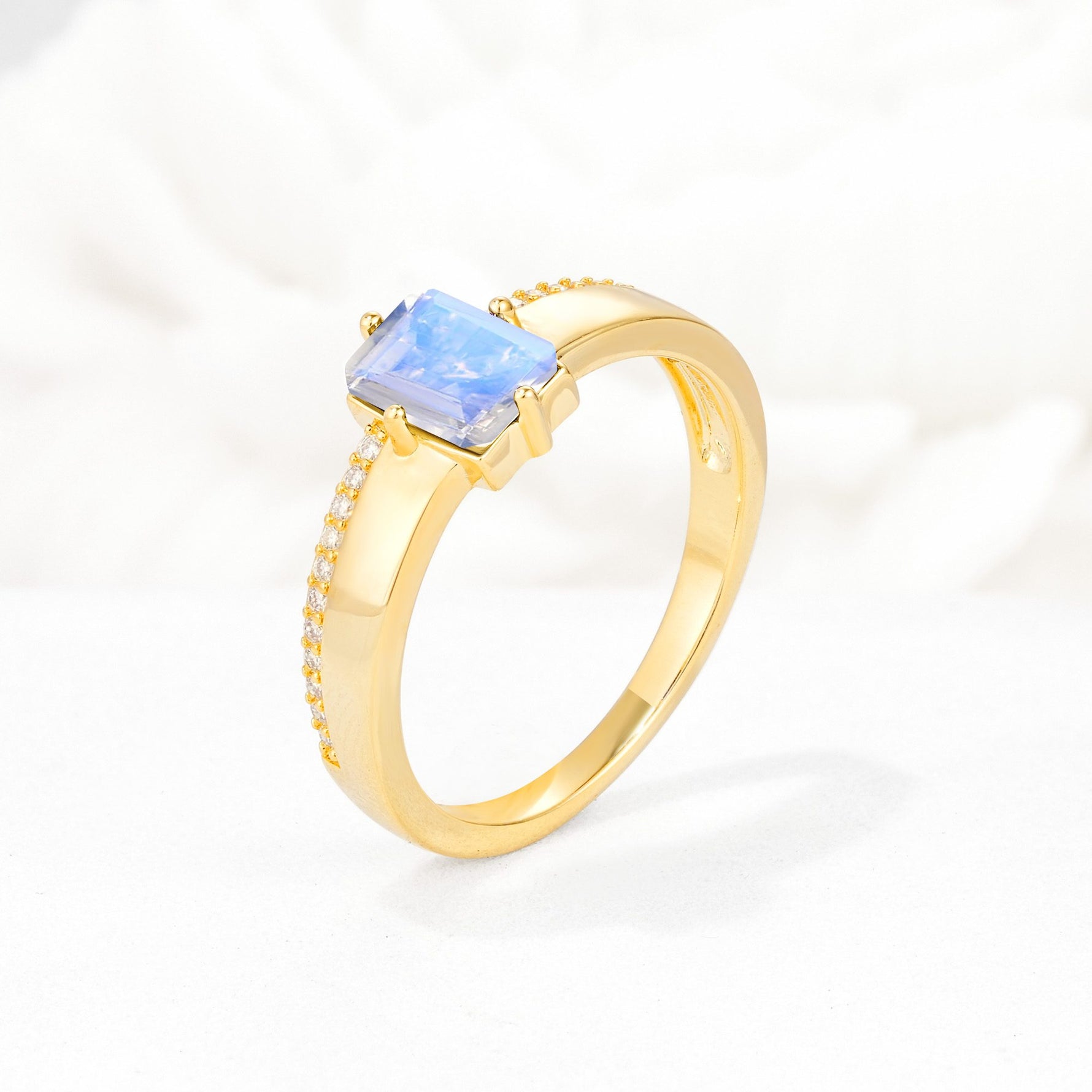 Emerald Cut Moonstone Tapered Pavé Solitaire Engagement Ring - Additional view