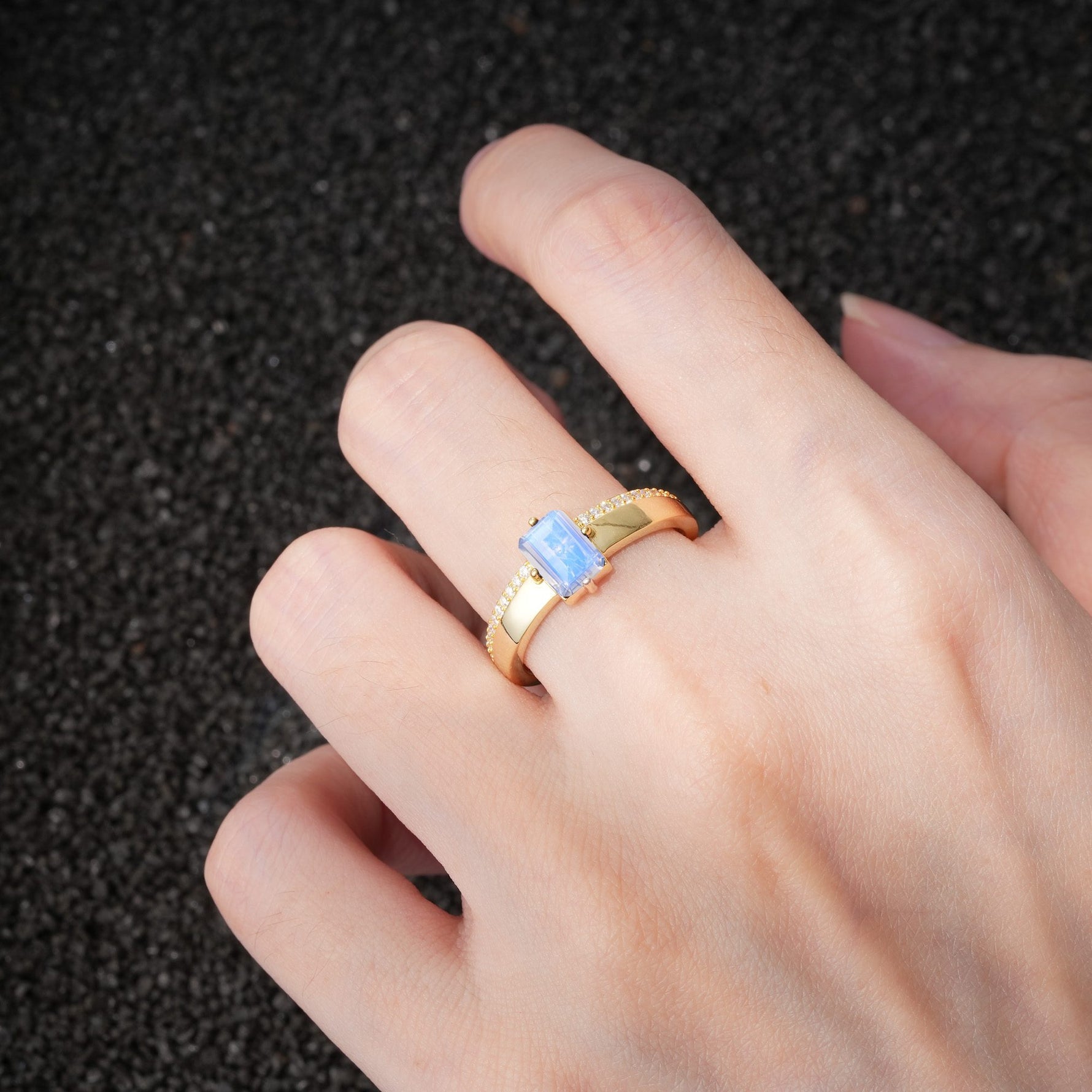 Emerald Cut Moonstone Tapered Pavé Solitaire Engagement Ring - Additional view