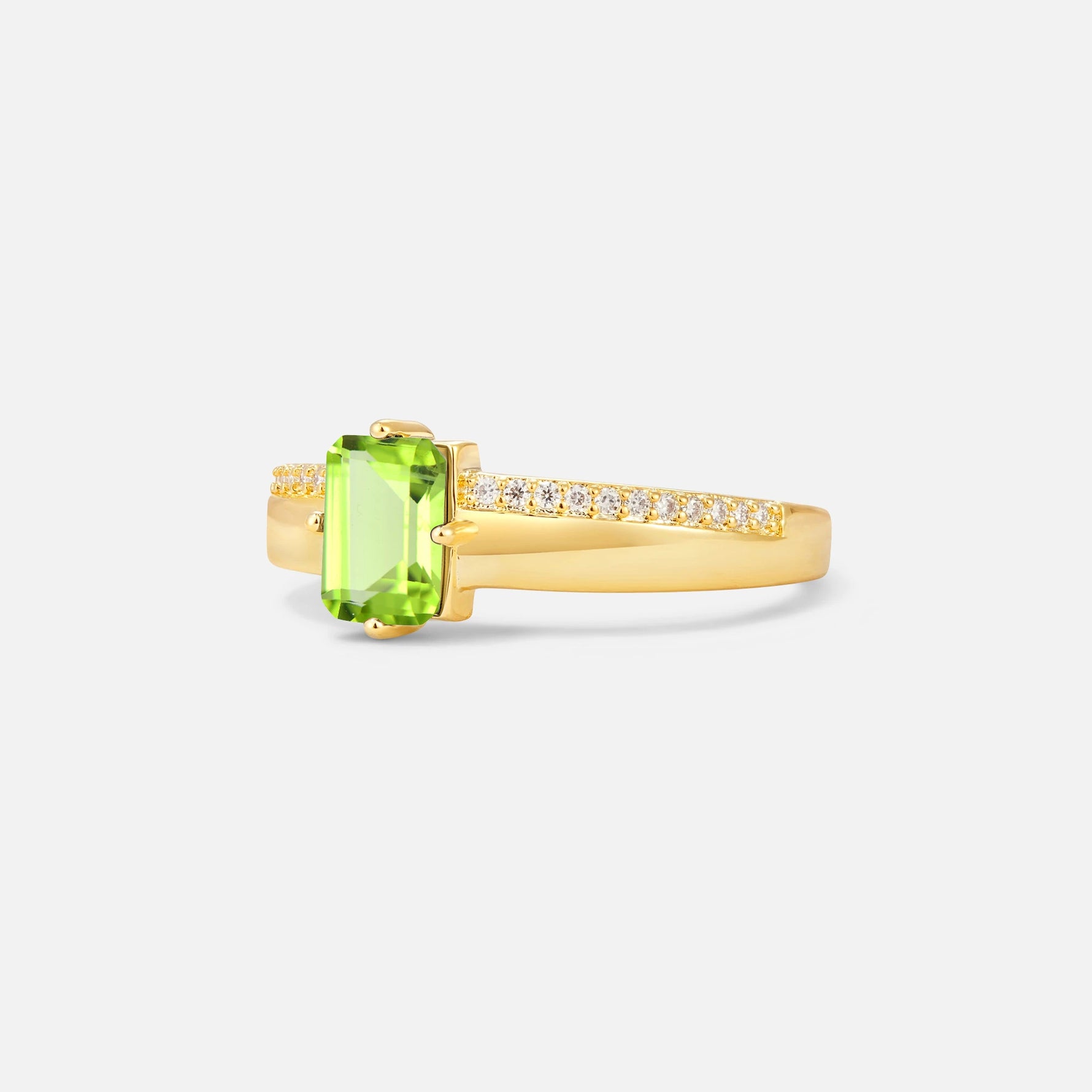 Emerald Cut Peridot Tapered Pavé Solitaire Engagement Ring - Additional view