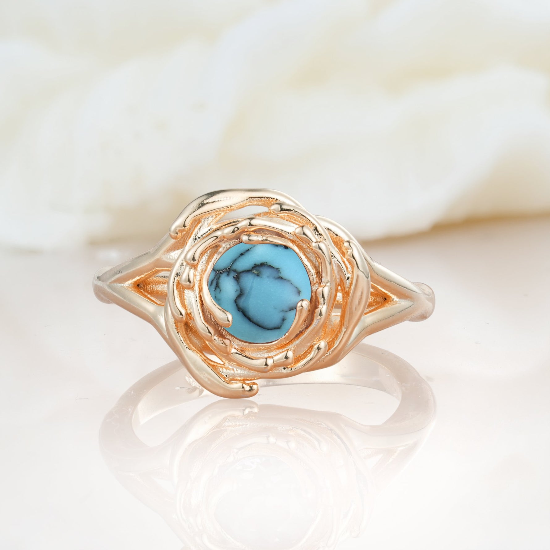 Round Cut Turquoise Swirl Halo Engagement Ring - Additional view