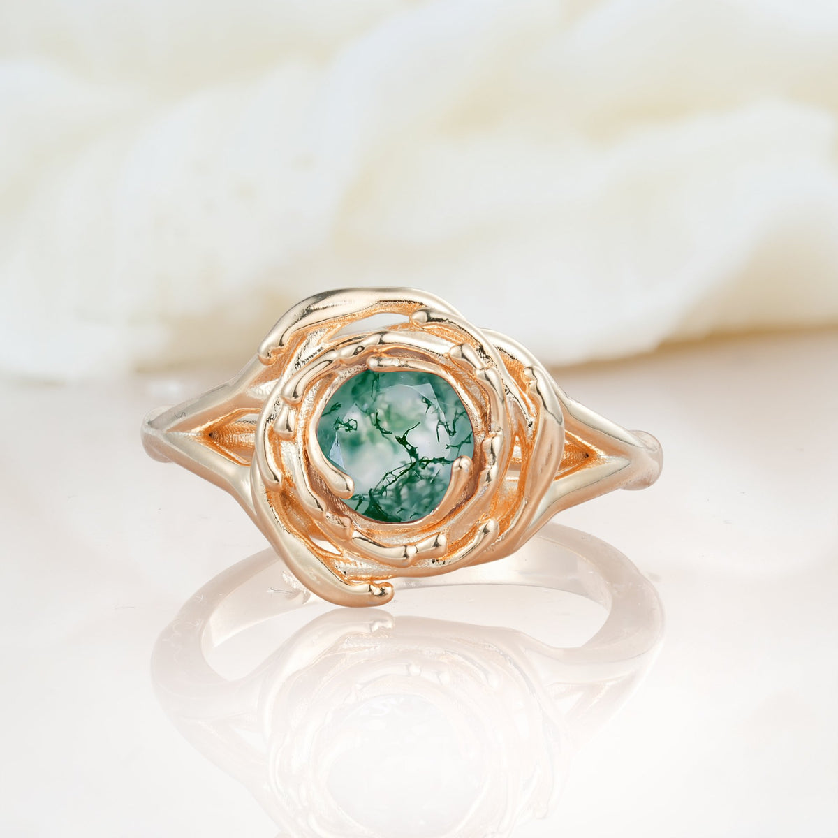 Round Cut Moss Agate Swirl Halo Engagement Ring - Additional view