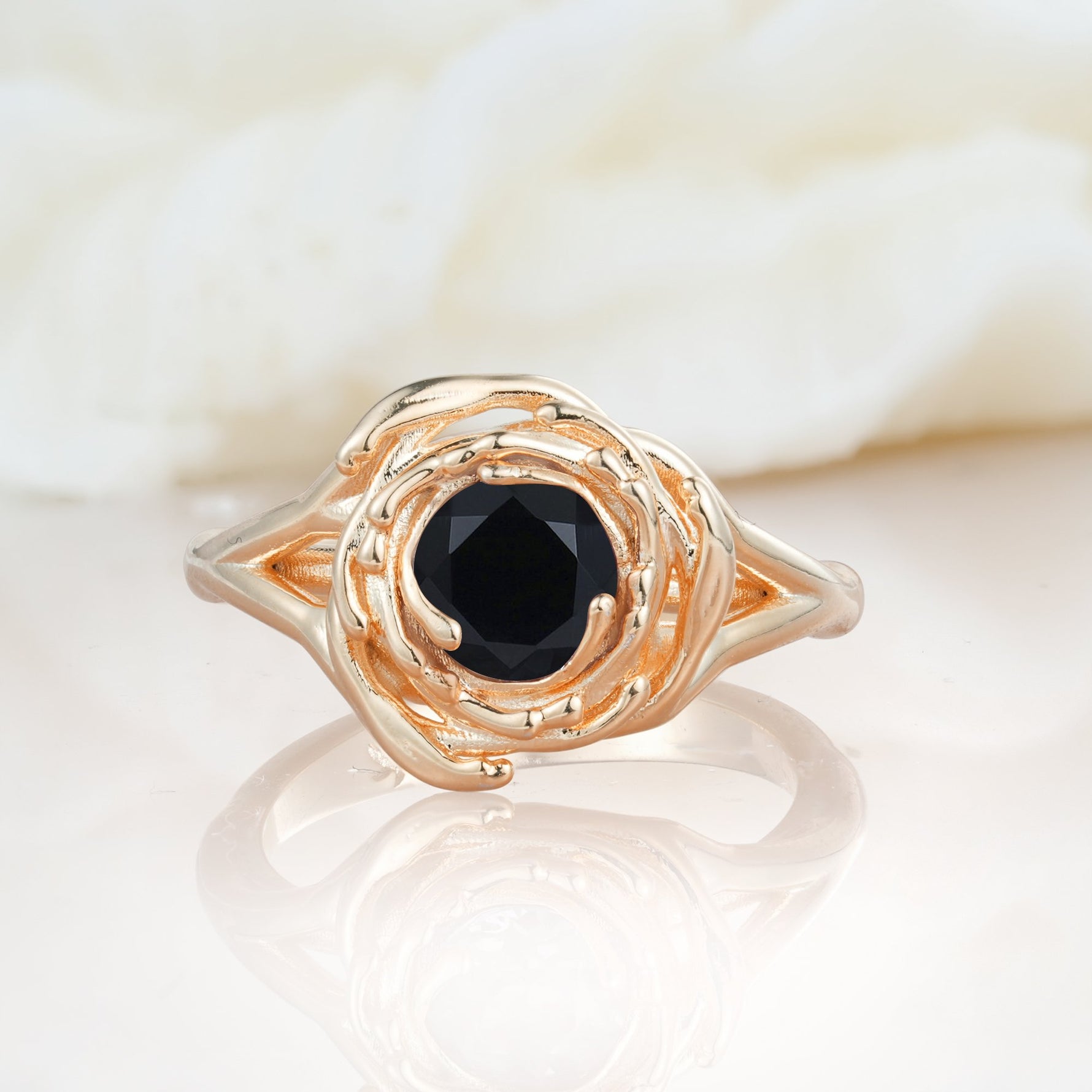 Round Cut Black Onyx Swirl Halo Engagement Ring - Additional view