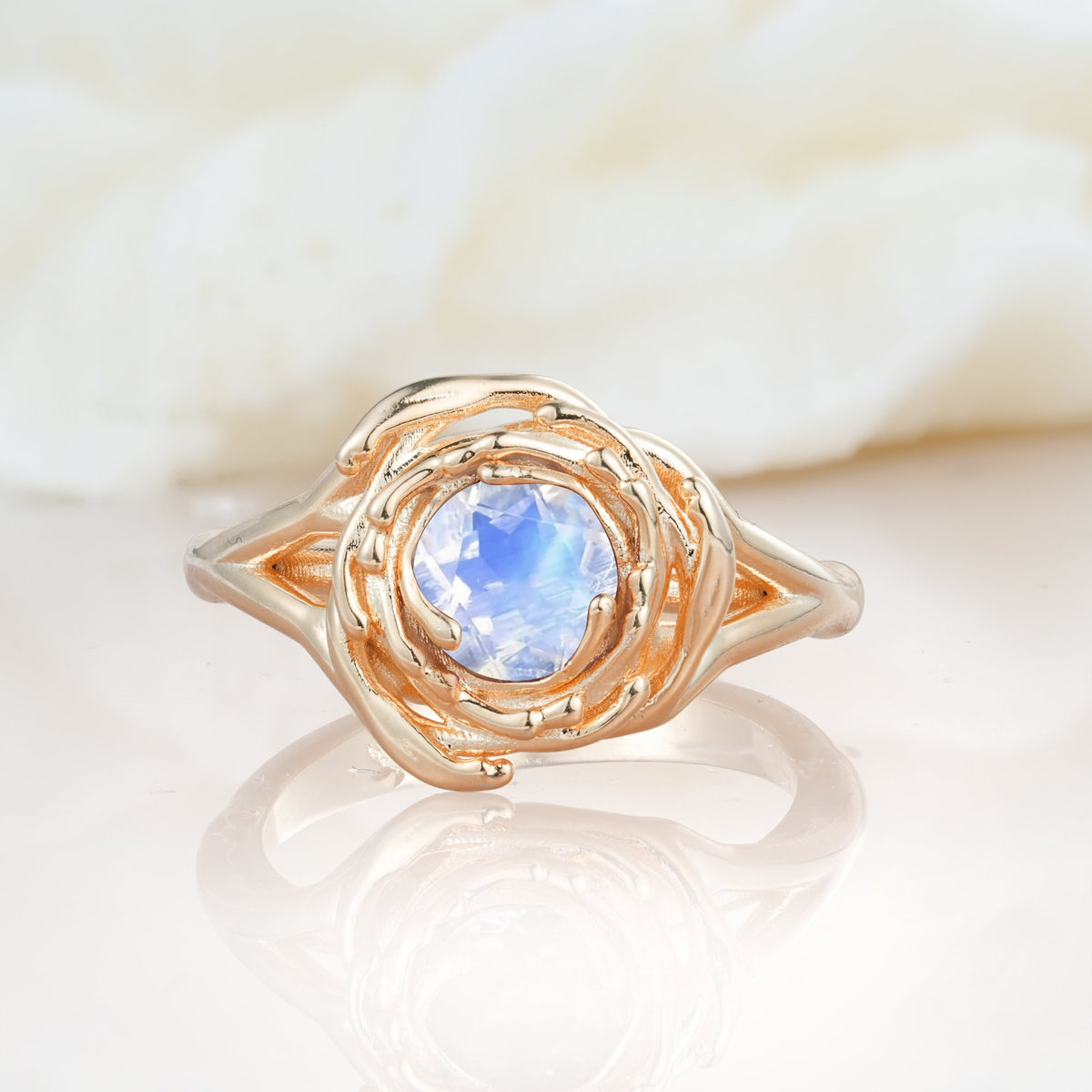 Round Cut Moonstone Swirl Halo Engagement Ring - Additional view
