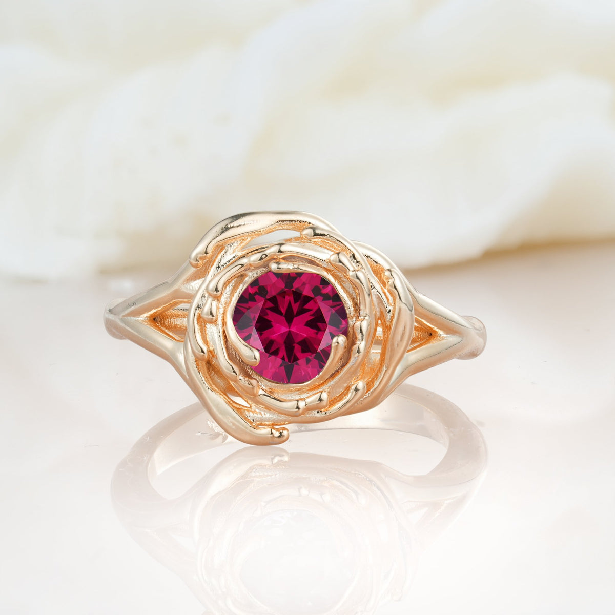 Round Cut Ruby Swirl Halo Engagement Ring - Additional view