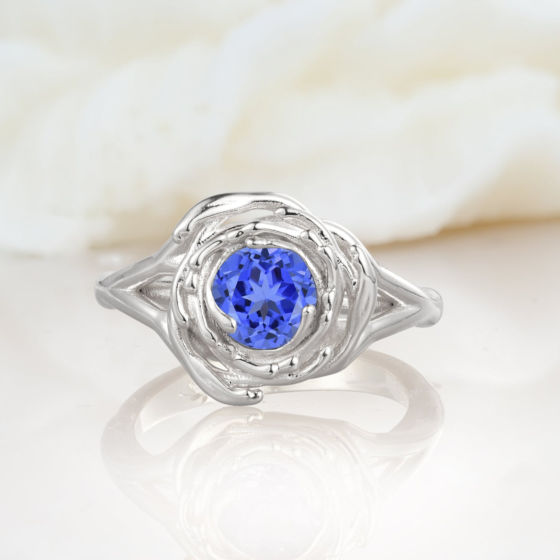 Round Cut Sapphire Swirl Halo Engagement Ring - Additional view