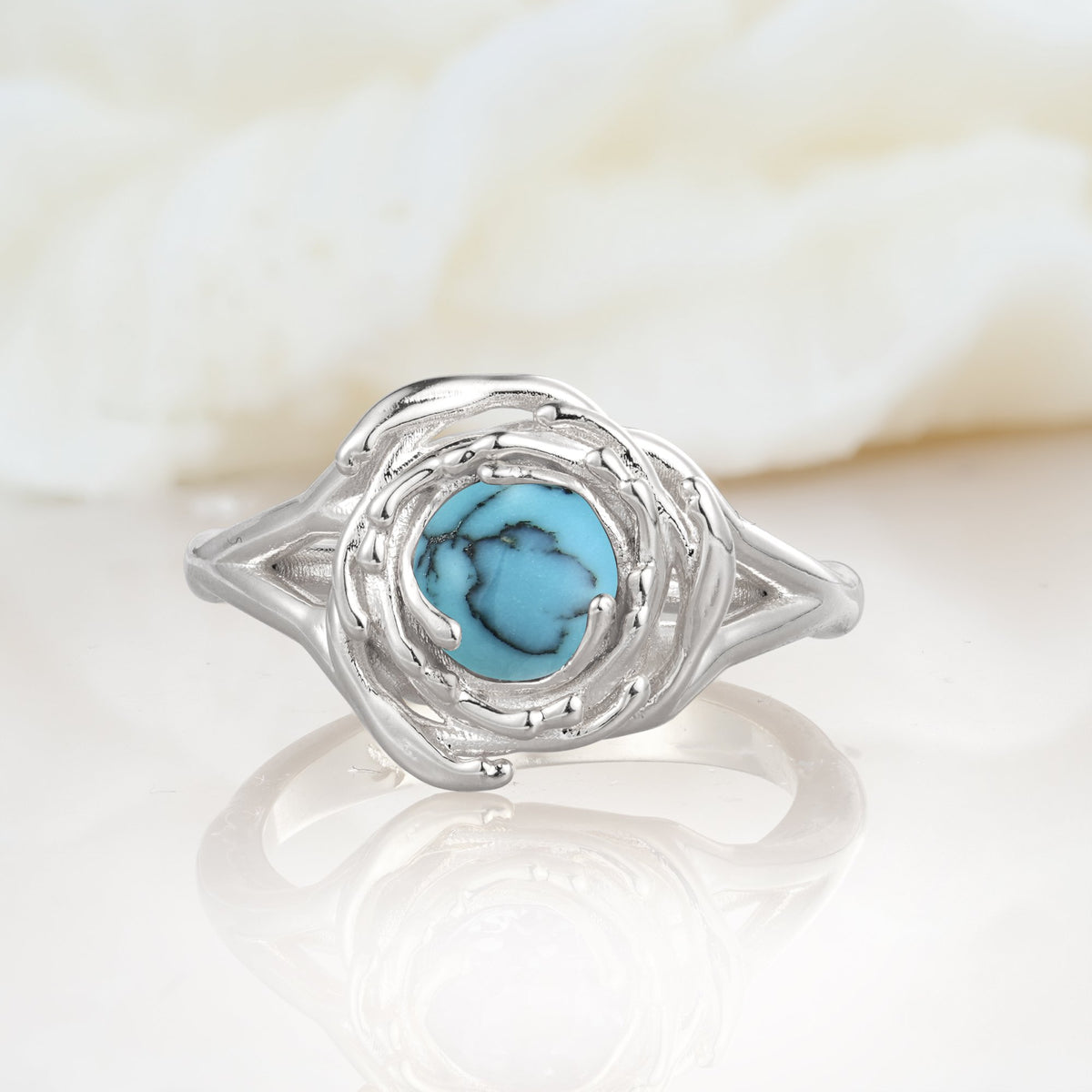 Round Cut Turquoise Swirl Halo Engagement Ring - Additional view