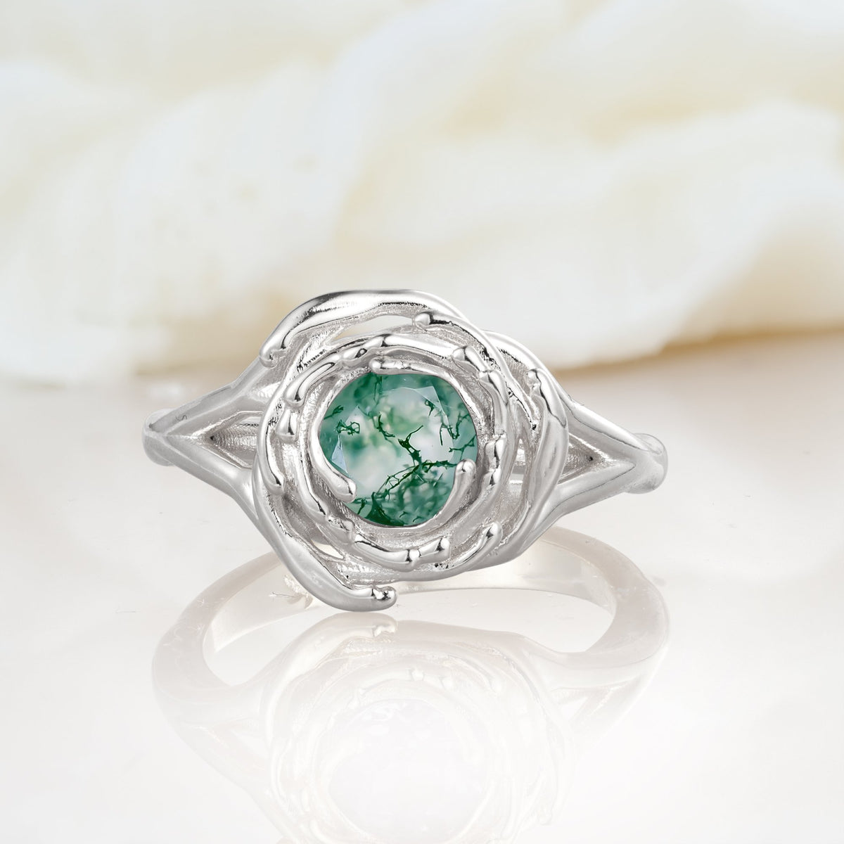 Round Cut Moss Agate Swirl Halo Engagement Ring - Additional view