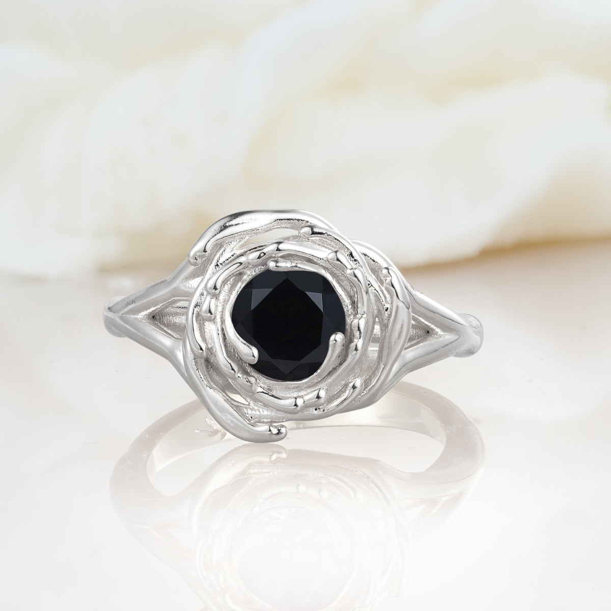 Round Cut Black Onyx Swirl Halo Engagement Ring - Additional view