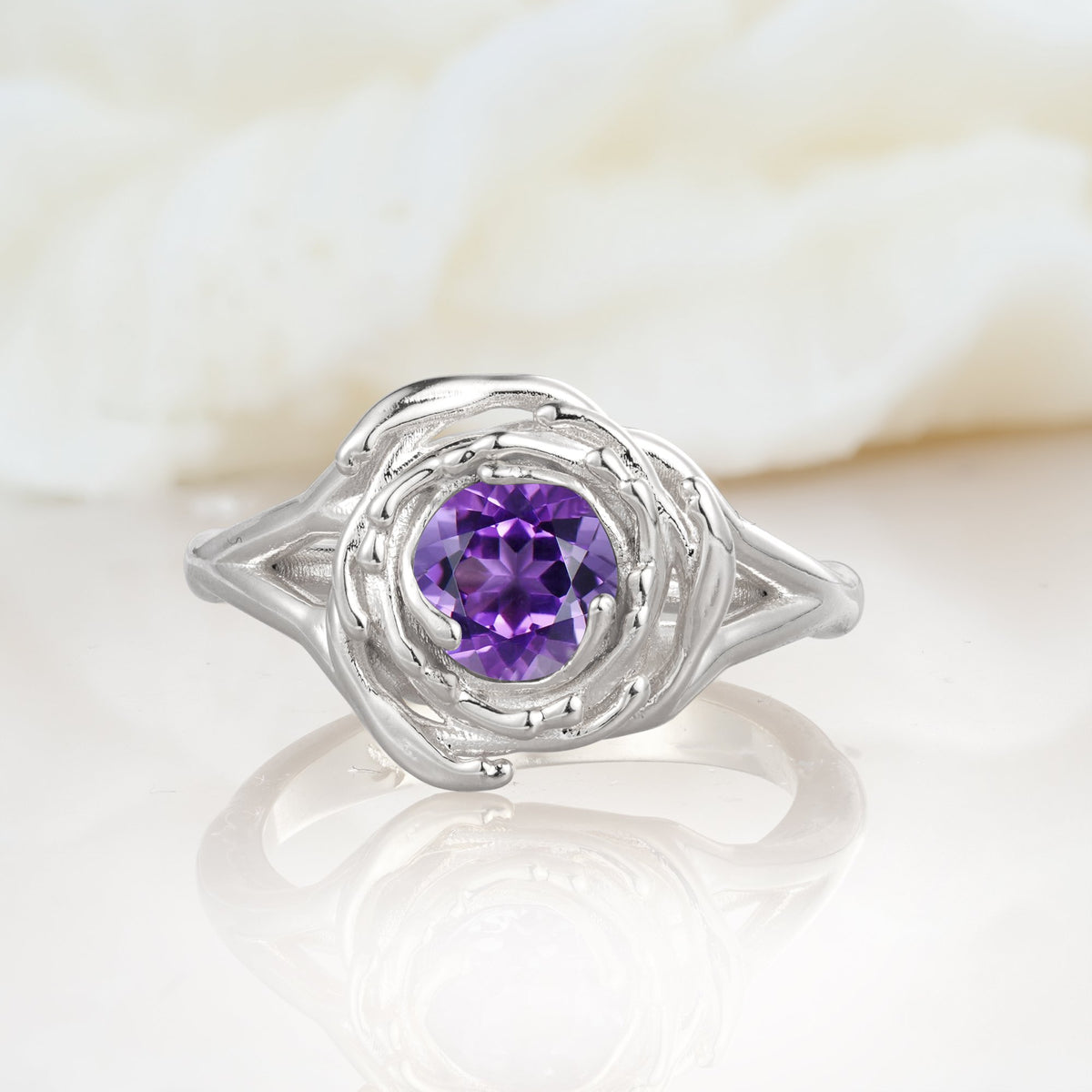 Round Cut Amethyst Swirl Halo Engagement Ring - Additional view