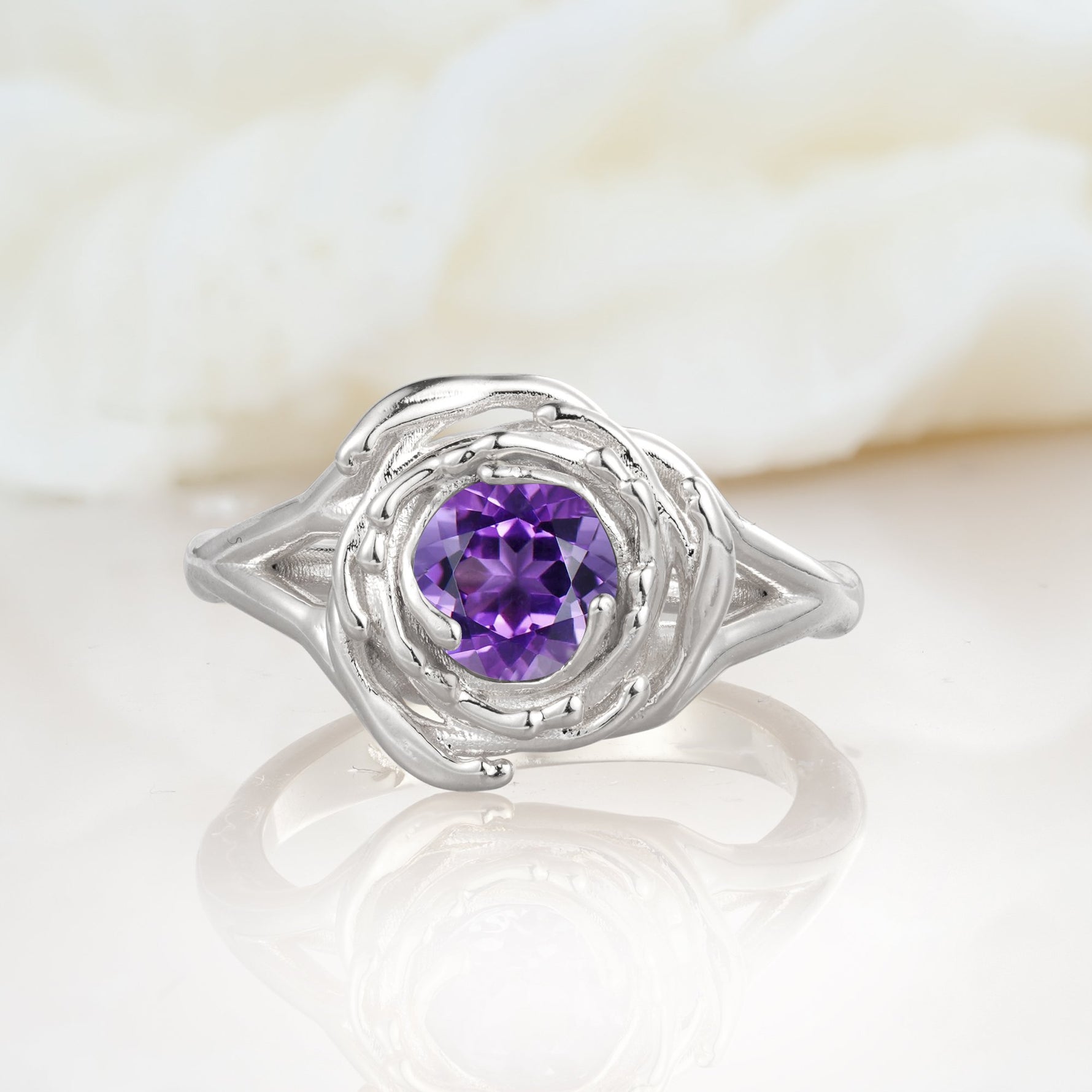 Round Cut Amethyst Swirl Halo Engagement Ring - Additional view