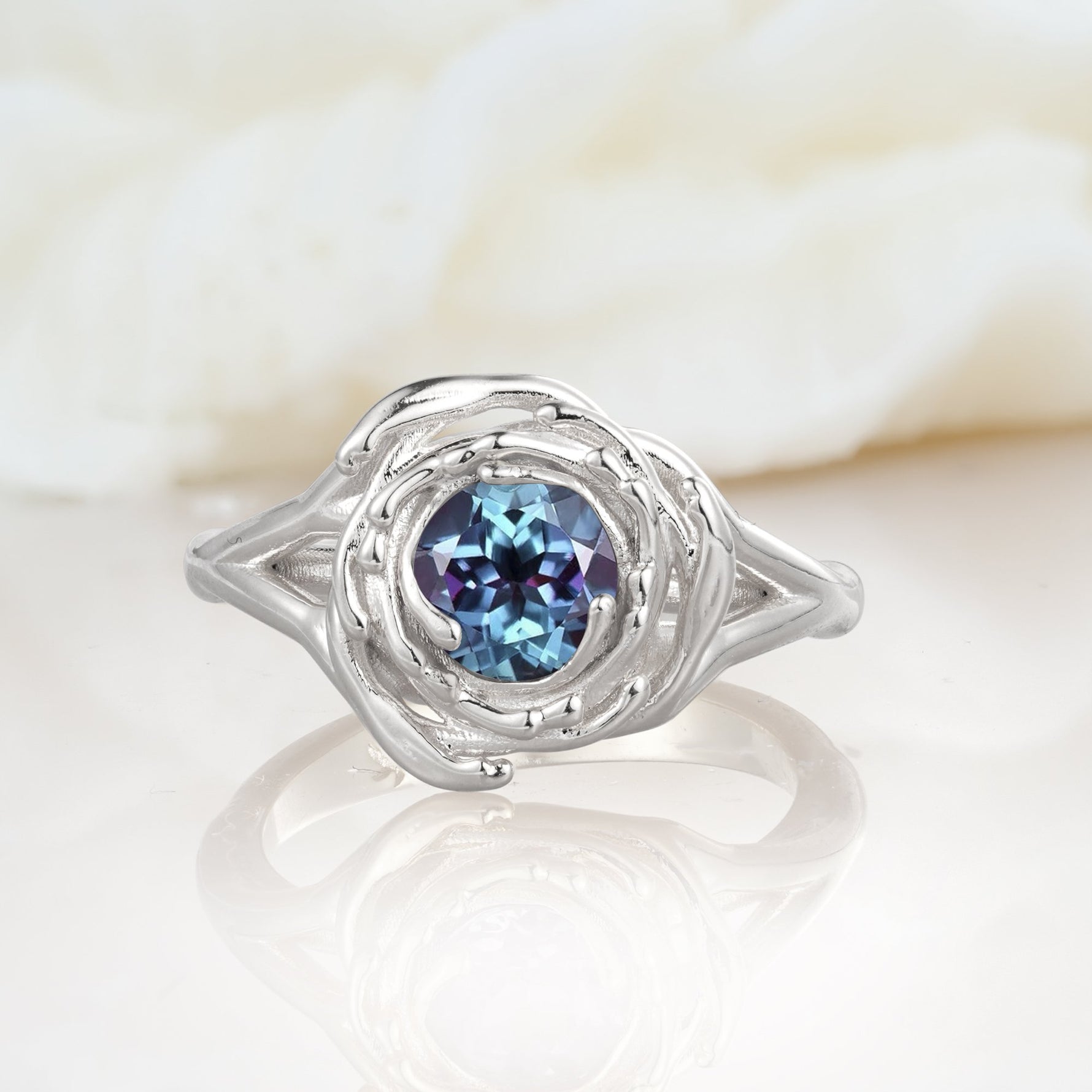 Round Cut Alexandrite Swirl Halo Engagement Ring - Additional view