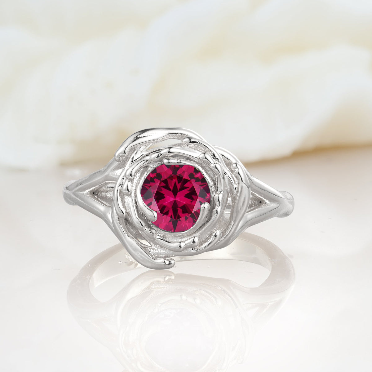 Round Cut Ruby Swirl Halo Engagement Ring - Additional view